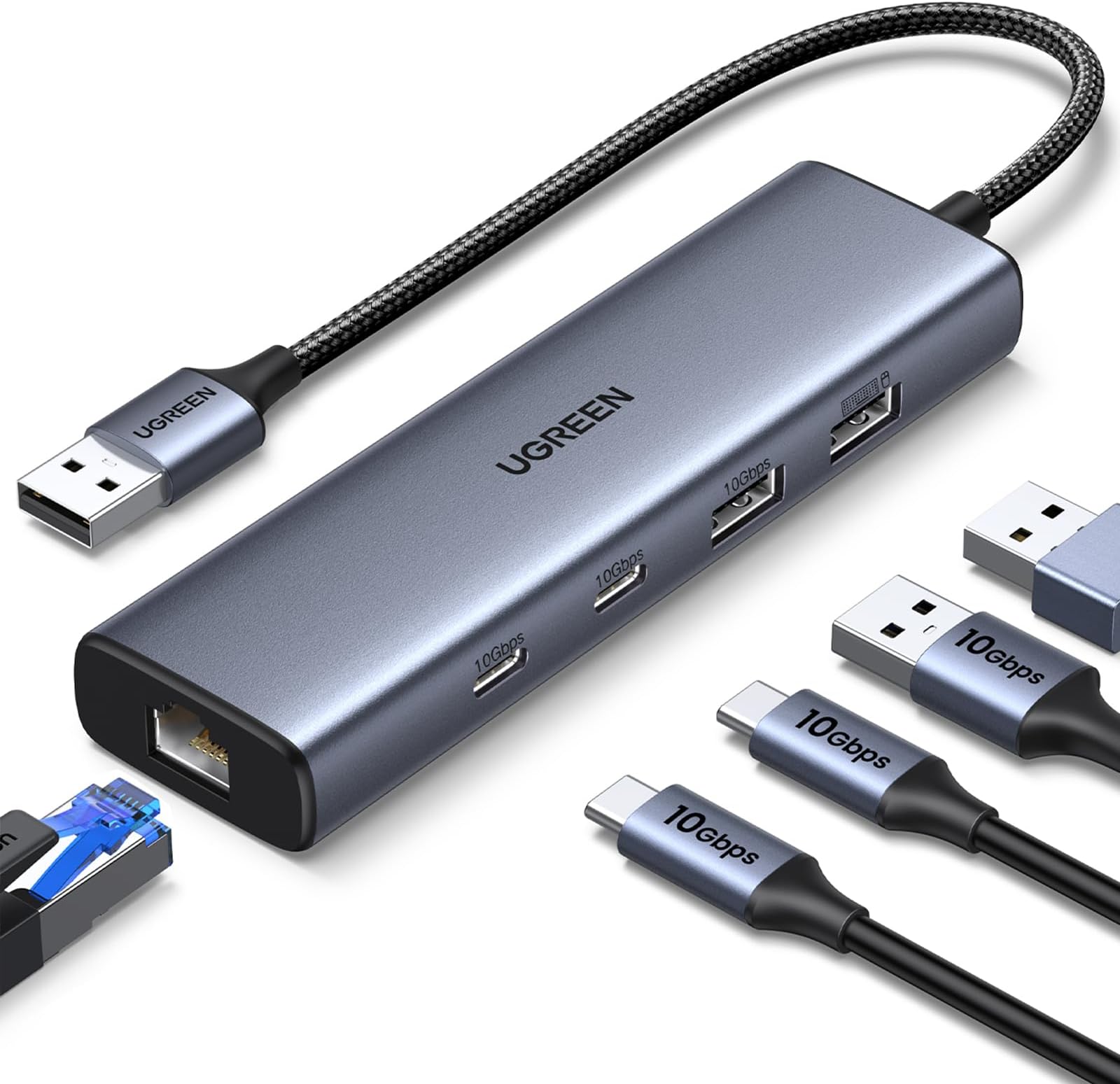 UGREEN USB to Ethernet Adapter, 5 in 1 USB Hub with Ethernet with 2* USB-C 3.2 (10Gbps) + 1*USB-A 3.2/1*USB-A 2.0/Gigabit RJ45, Network LAN Internet Dongle Compatible for Laptop, MacBook Pro/Air, XPS