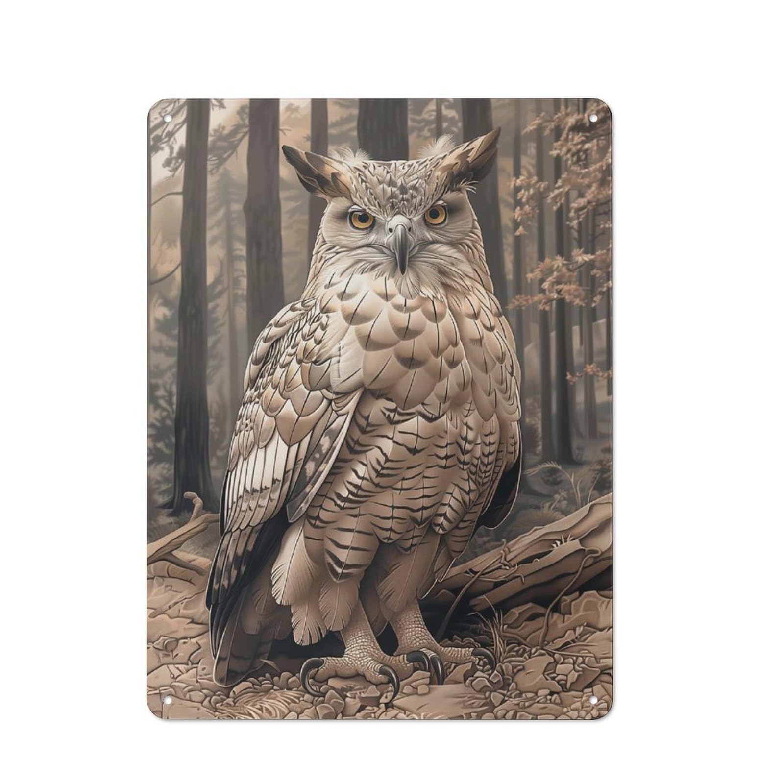 Rustic Majestic Owl in Forest Tin Wall Sign 40x30cm, Kitchen Wall Decor for Bakery, Diner, Cafe Or Family Room