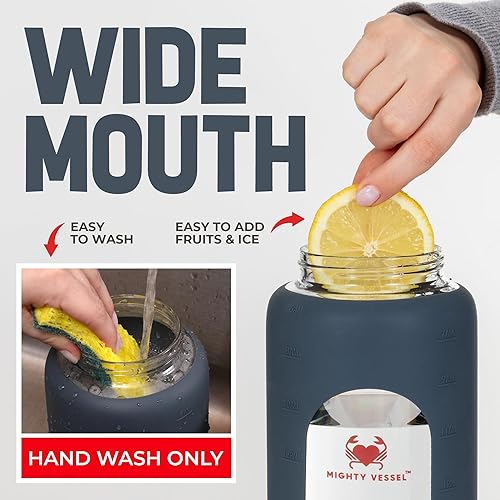 Miniatura 6 de Botella de agua de vidrio de 64 onzas, azul oscuro, jarra grande de vidrio de borosilicato con popote y marcador de tiempo, a prueba de fugas,