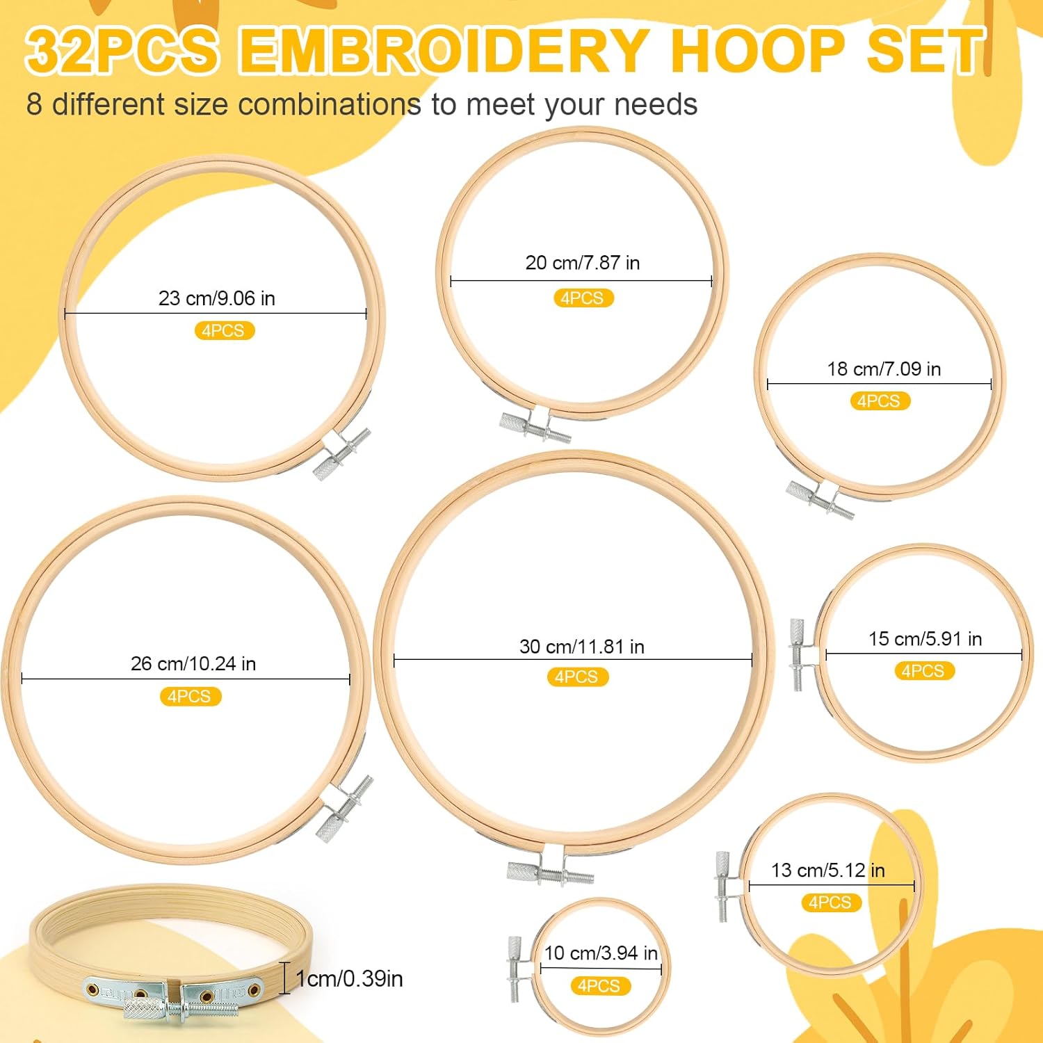 24Pcs Embroidery Hoop 8 Size Wooden Embroidery Hoops 3 Inch to 10 Inch Cross Stitch Hoop and Frames Adjustable Bamboo Round Small Embroidery Hoops Bulk for Embroidery Art Craft Sewing Decoration