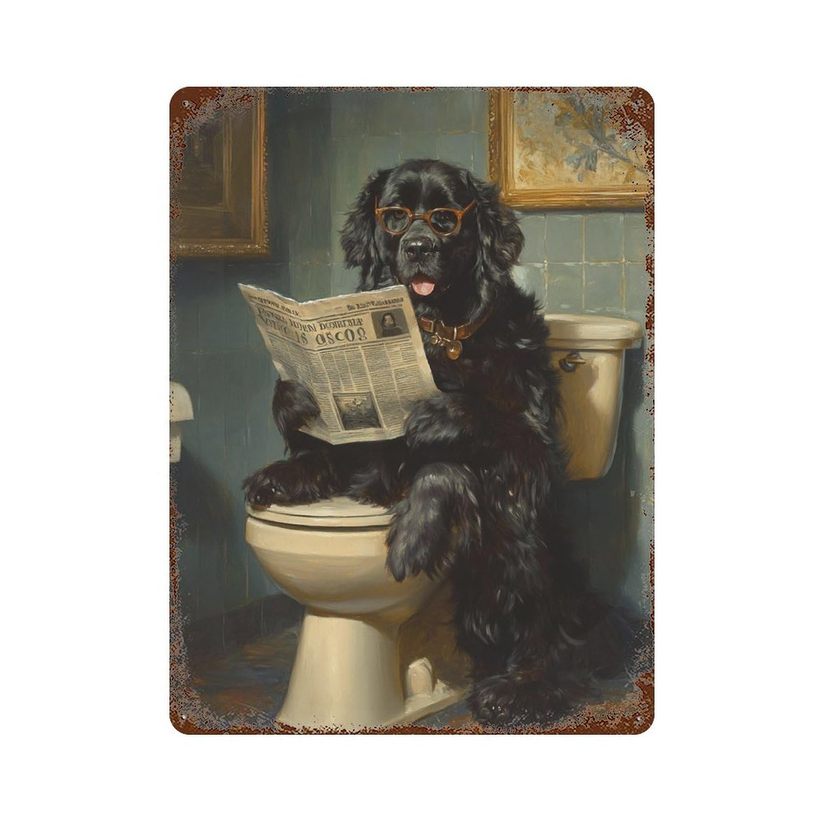 Decorative Tin Sign with Dog Reading Newspaper on Toilet-46 Design 15.7"x11.8", for Basement, Hobby Room And Garage Decor, Farmhouse Wall Decor