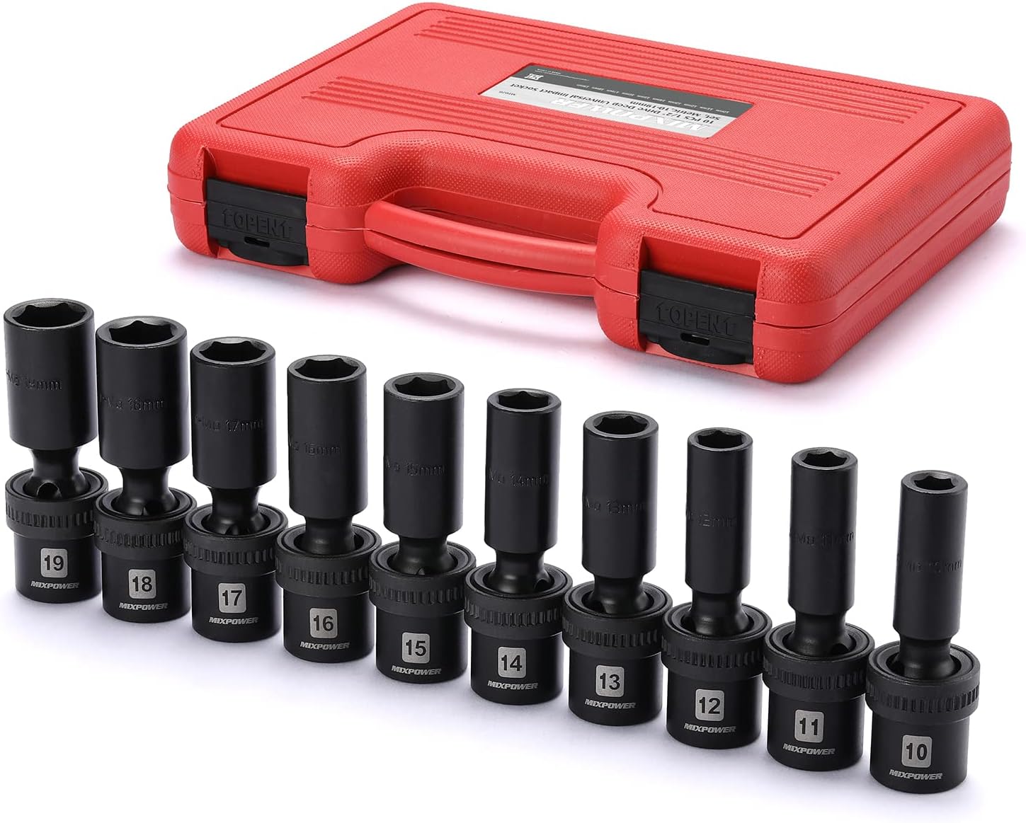 MIXPOWER 10 PCS 1/2" Drive Deep Universal Impact Socket Set, 6 Point