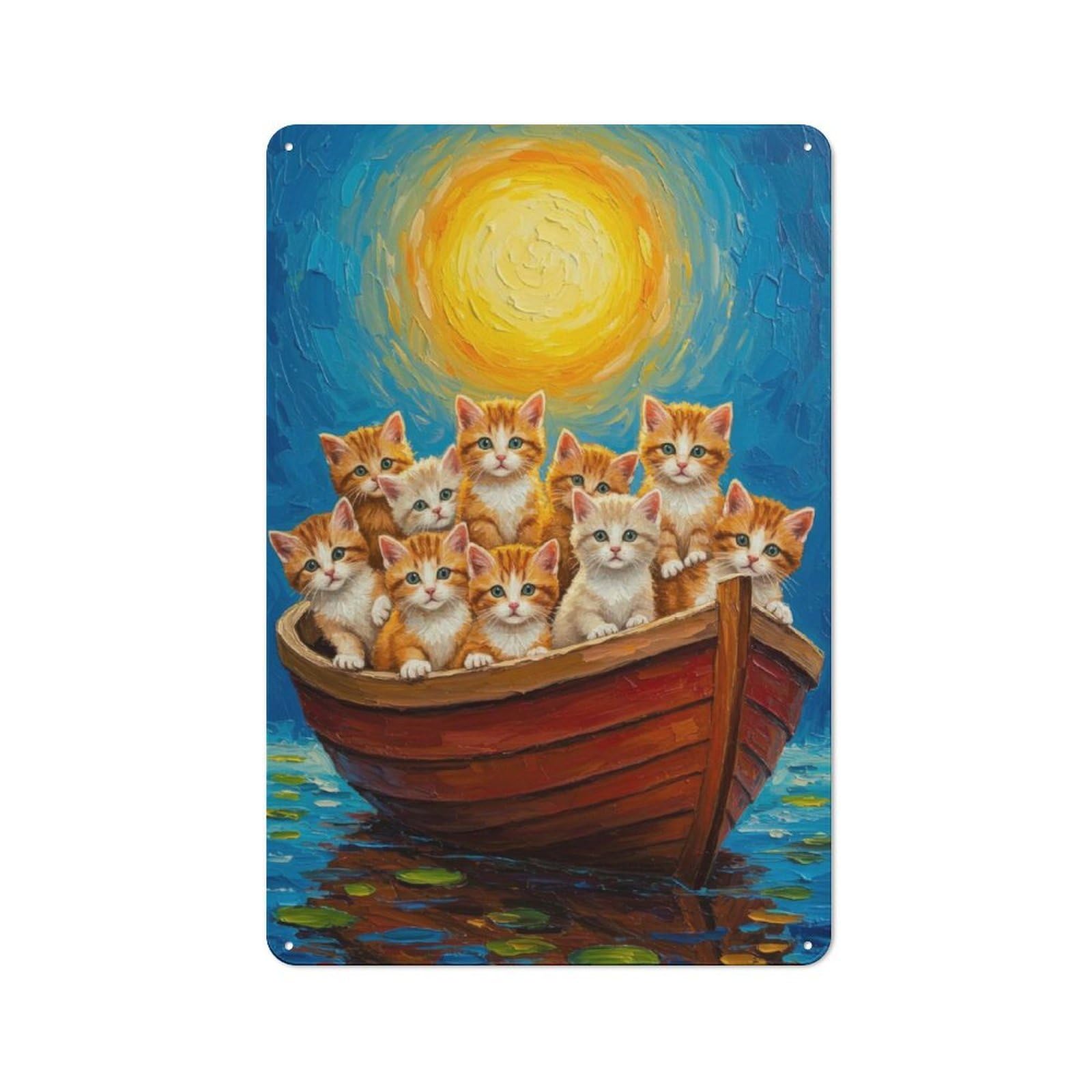 Junmoney Style-10 Vintage Tin Sign 30X20cm With Kittens In A Boat Painting For Man Cave Or Games Room, For Vintage Wall Decor Fans, For Metal Sign Collectors
