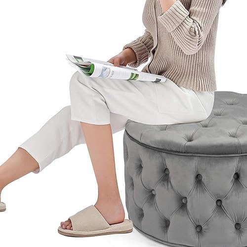 Miniatura 18 de Homebeez Otomana redonda de terciopelo para almacenamiento, reposapiés con botones copetudos, mesa de café (rosa) Rosa,Azul,Verde,Gris,Gris