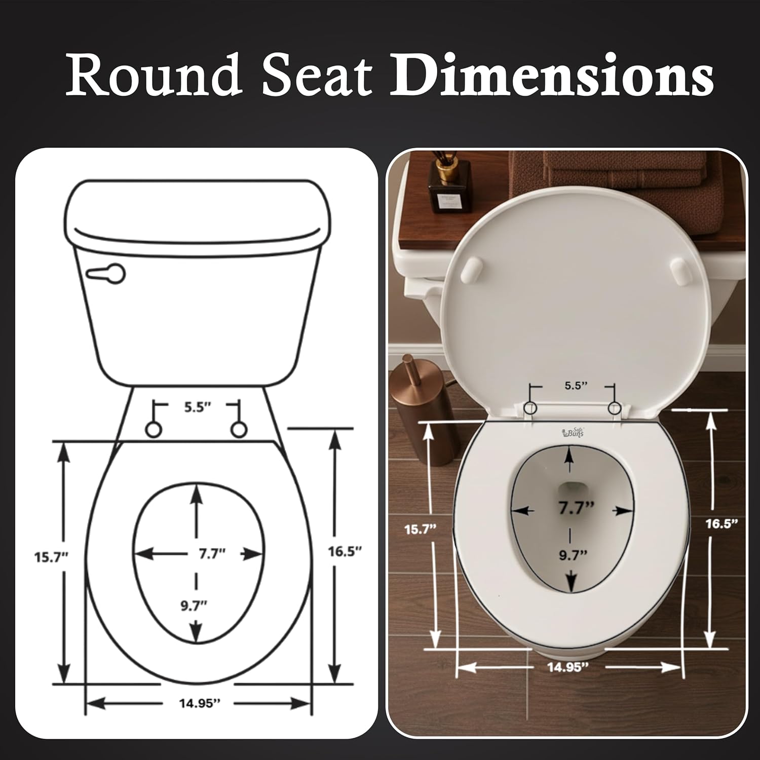 Safe Buns Round Toilet Seat - Patented Dual Lock Rims with Four Slip-Resistant Bumpers - Soft Close Toilet Seat with 100% Polypropylene for Durability - Easy Clean & Universal Fit for all Toilets