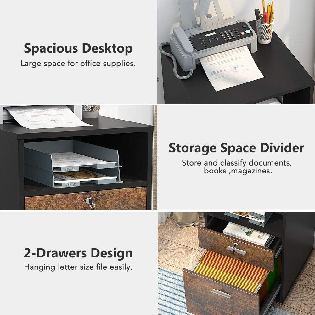 Tribesigns 2 Drawer Mobile File Cabinet with Lock, Wood Modern Filing Cabinet for Letter Size, Printer Stand with Rolling Wheels and Open Storage Shelf for Home Office(Rustic Brown)