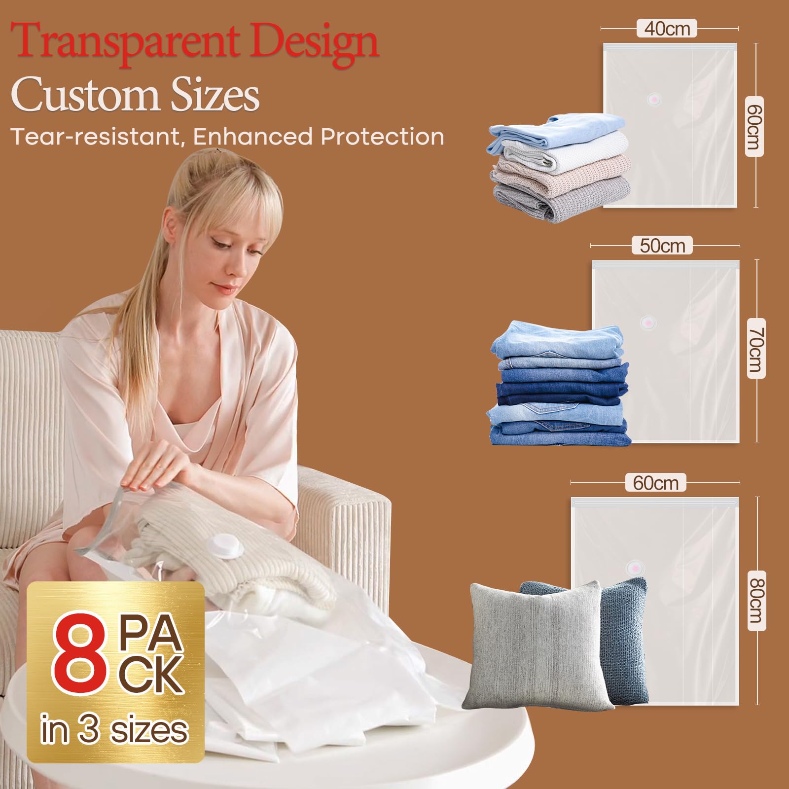 Vacbird Sacchetti Sottovuoto Vestiti con Pompa Sottovuoto Senza Fili, 8 Pezzi (4 Grandi, 2 Medi, 2 Piccoli), Riutilizzabile Buste Sottovuoto Vestiti per Vestiti, Piumini, Cuscini, Maglioni