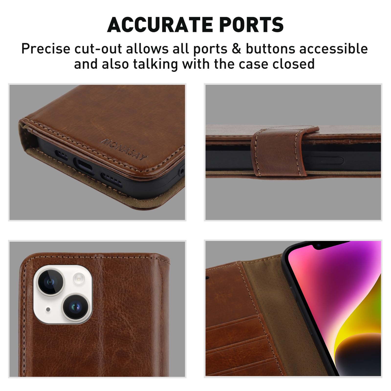MONASAY Custodia A Portafoglio Per IPhone 13 Mini Con Protezione In Vetro, Pelle Blu, RFID, 3 Slot Carte E Cavalletto - 3