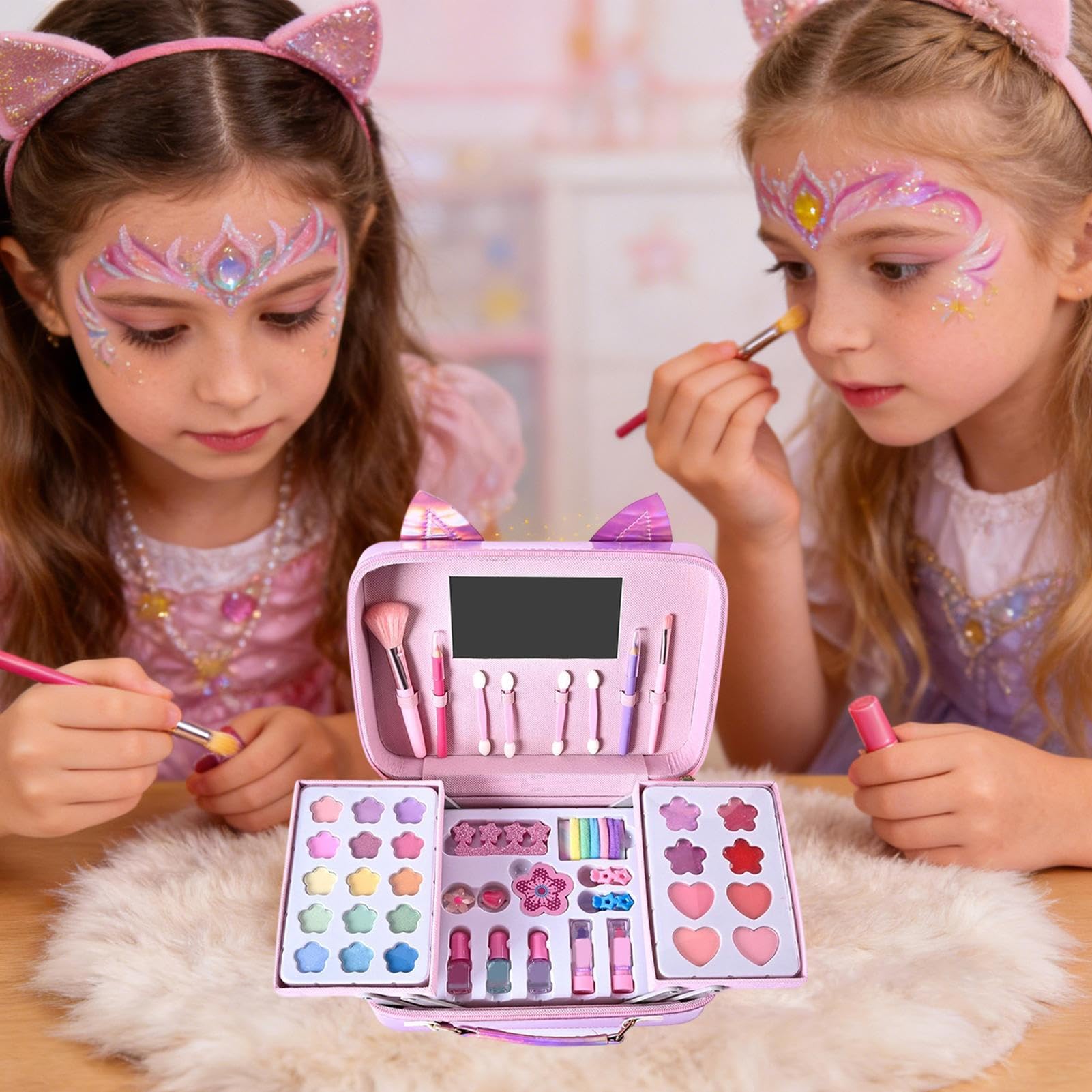 Kit Per Il Trucco Dei Bambini Giocattolo Cosmetico Reale con Borsetta a | Kit Di Trucco Principessa Con Borsa A Forma Di Gatto Per Bambine Per Giochi Di Imitazione Compleanni Feste