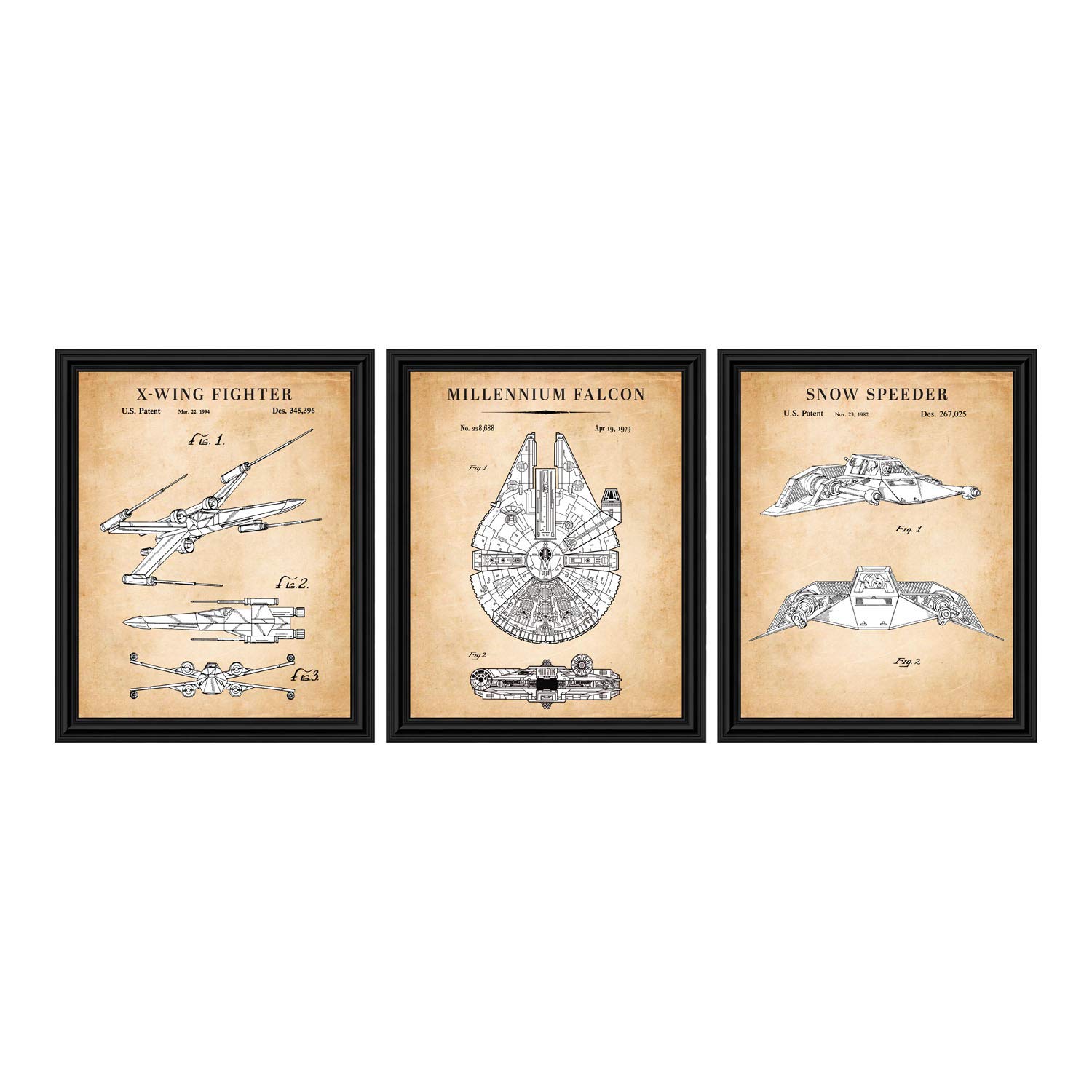 Star Wars Millennium Falcon, X-Wing Fighter, and Snowspeeder Framed Patent Print, Add to your Star Wars Vintage Collection, Unique Gifts for the Home, 3 pack 2158B-abc