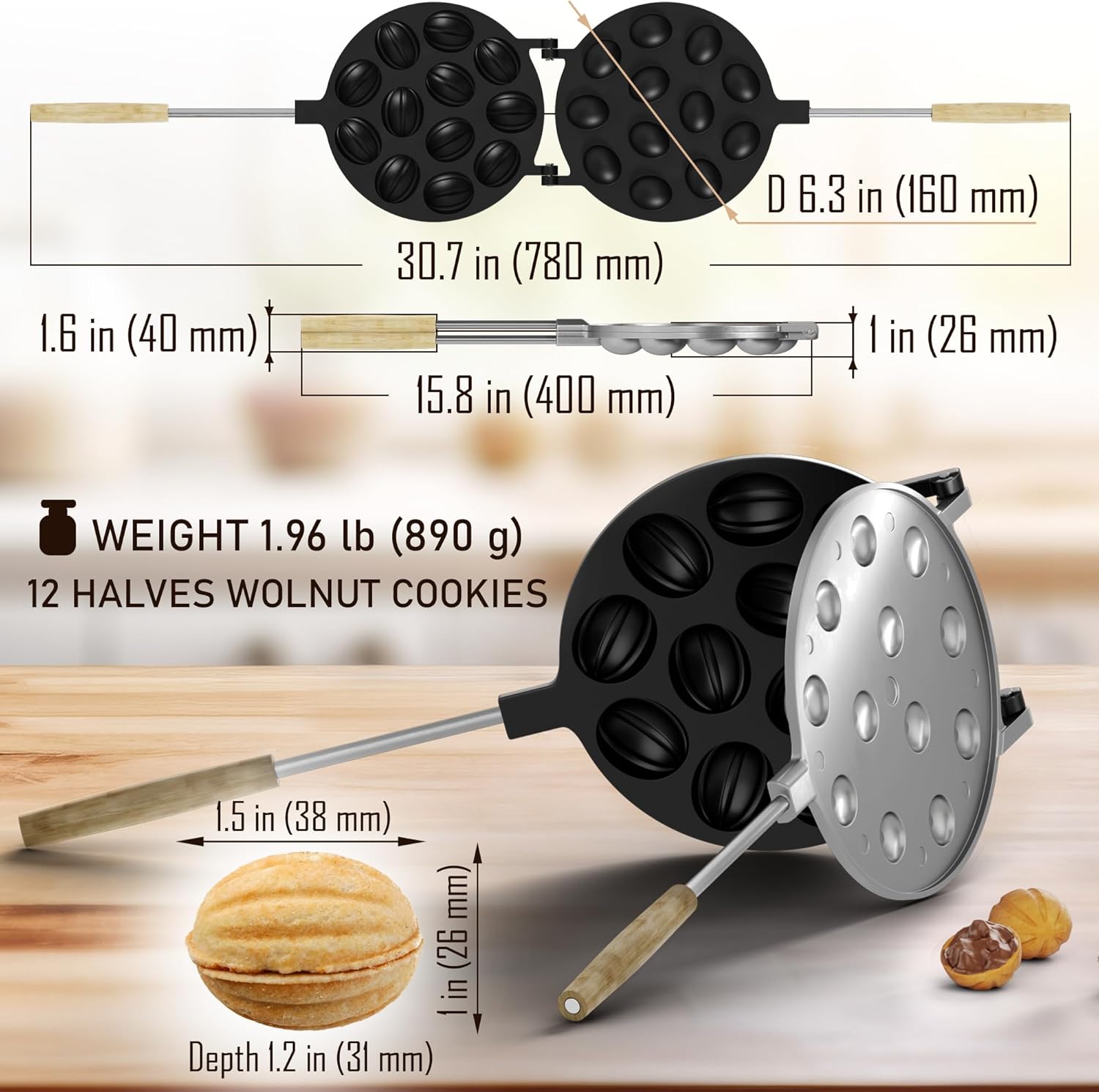 Heavy Oreshki Mold Oven Cookies Maker Oreshnitsa 12 Nuts Oreshki with Non-Stick Coating - Cookie Mold Oreshek Cake - Nut Cookie Shaped Molds - Metal Mold Form Nuts for Sweet Russian