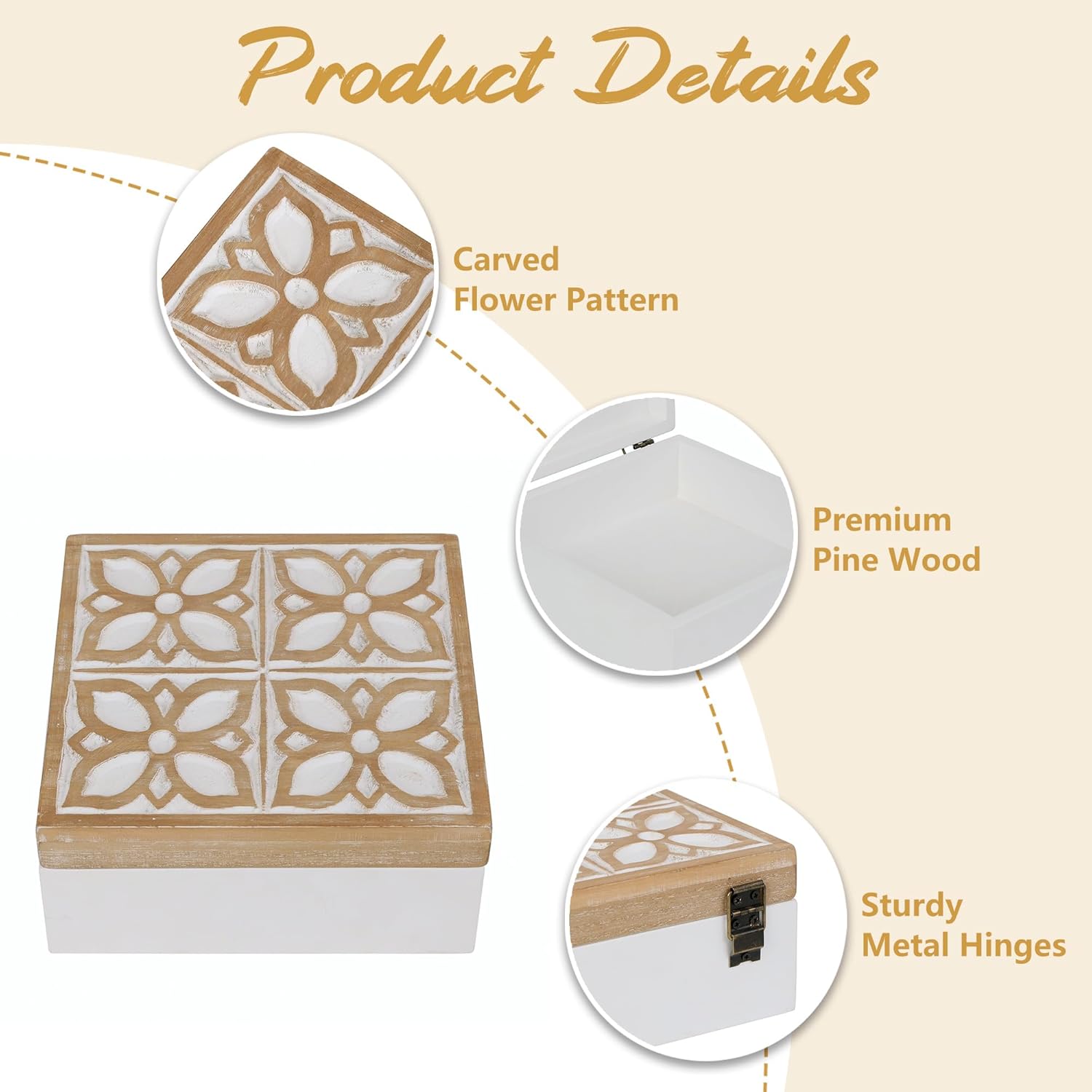 Small Wooden Keepsake Box - Decorative Handmade Rustic Trinket Boxes with Hinged Lid, Flower Carved Design, 7.1" x 7.1" x 3.2" - Image 4