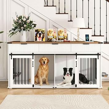 71 Furniture Style Double Dog Crate with 3 Fluted Drawers and Waterproof Walnut Woodgrain Tabletop,Large Dog Kennel Furniture with Type-C Power Outlet & Rotating Feeders
