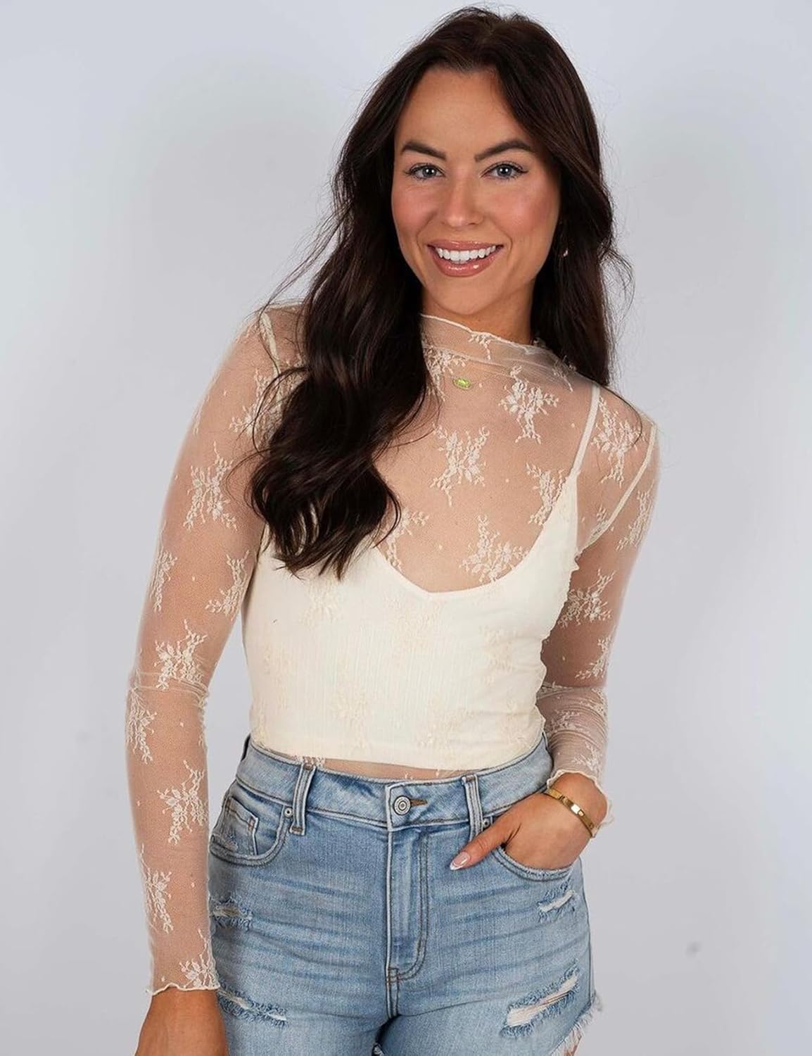 Wyeysyt Lace Tops for Women Mesh Long Sleeve Top Mock Neck Sheer Blouse Sexy See Through Shirts - Image 4