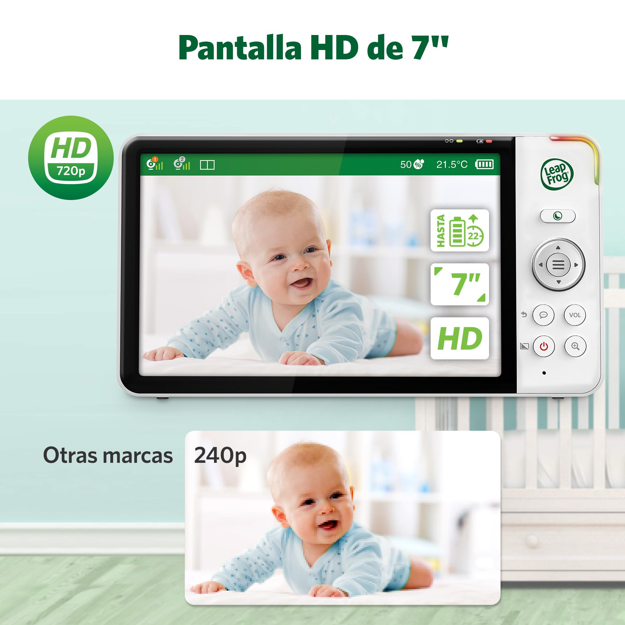 LeapFrog Baby Monitor Color Night Camera, 7" HD 720p Screen, 360° Panorama, 8X Zoom, Night Light, Humidity and Temperature Sensor, Up to 300m Range, Safe Connection, LF920HD