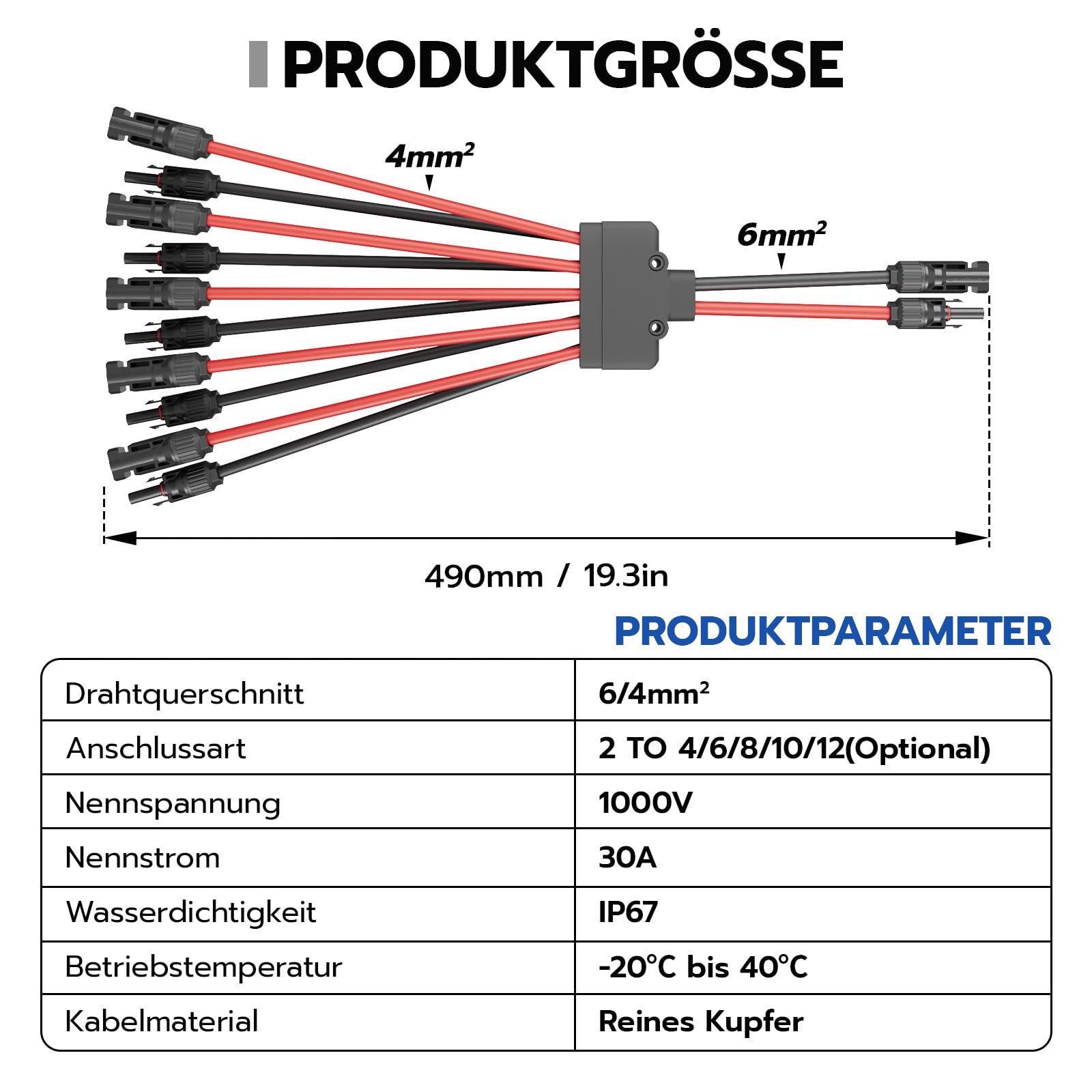 1 par de cables solares y distribuidores, 2 a 10 divisores de panel solar en Y, conector fotovoltaico de 30 A 1000 V, conector macho hembra MMF y FFM para instalación solar