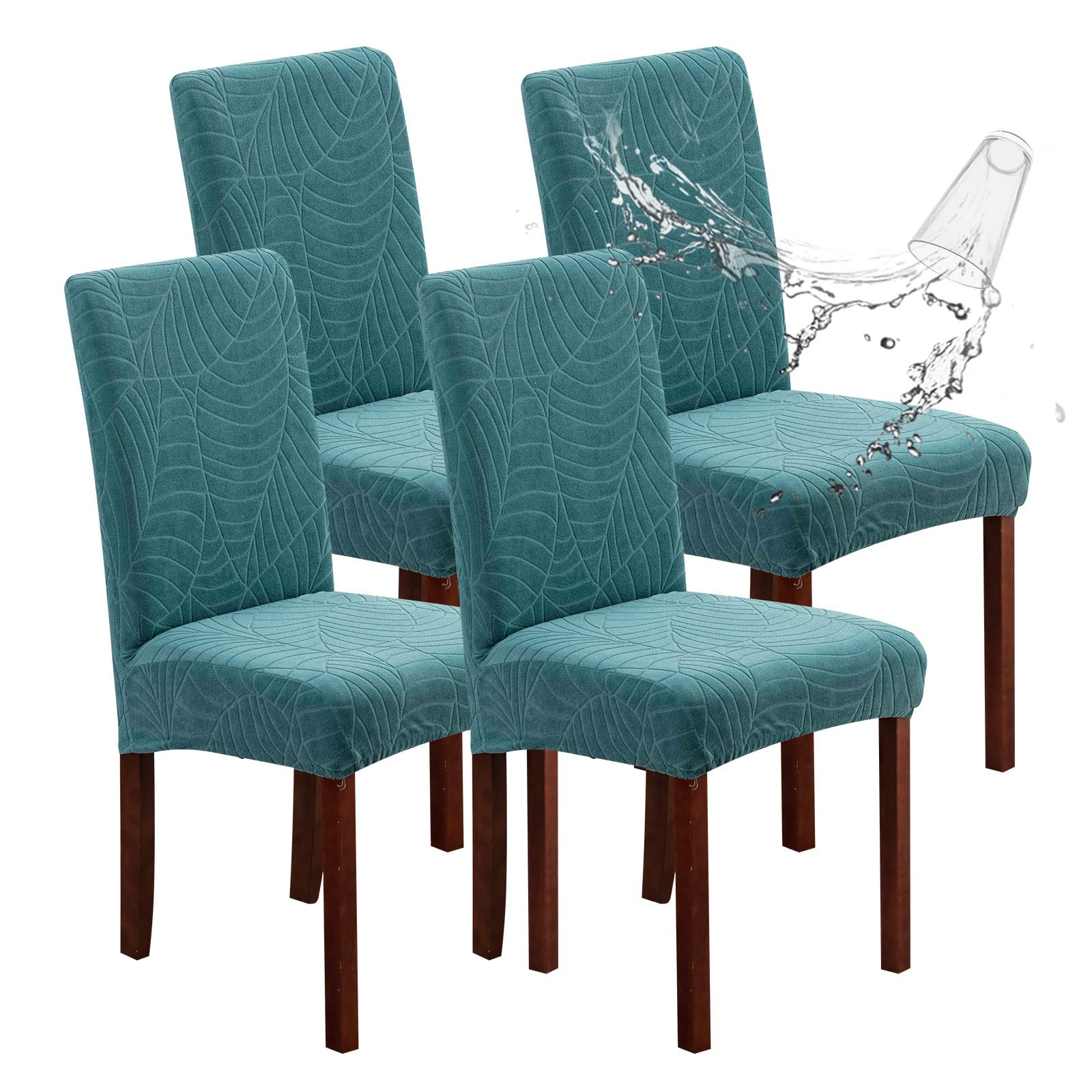 Genina Waterproof Chair Covers for Dining Room, Stretch Jacquard Dining Chair Slipcovers Removable Washable Chair Protector for Kitchen, Hotel, Restaurant (Leaves-Peacock Blue, 4 PCS)