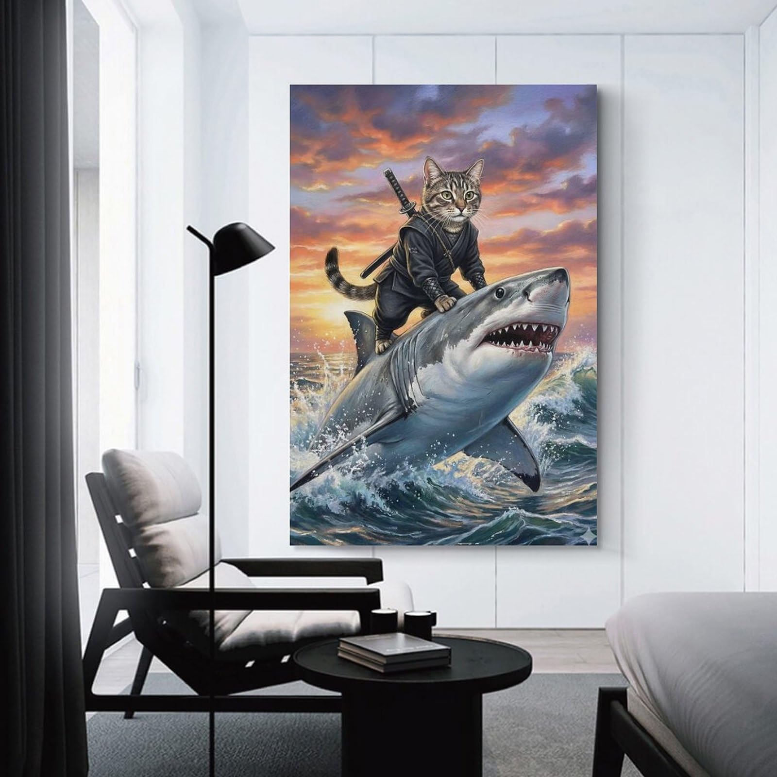 Junmoney Unframe-Style-19-1 Ninja Cat Riding Shark Room Decor Wall Art, 20X30inch(50X75cm), For Entrance Spaces, Stair Walls Or Halls, A Stylish Accent For Home Entrances