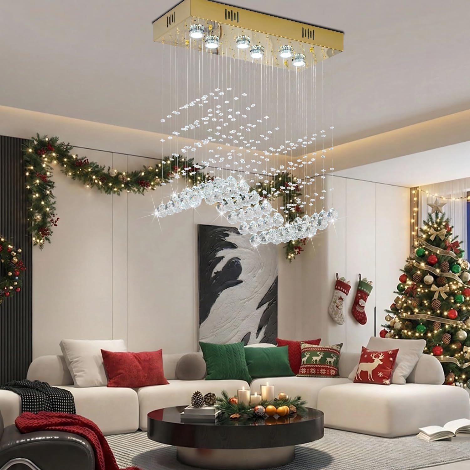 CRYSTOP Modern Gold Wave Rectangular Chandelier for Dining Room Over Table, 6-Lights Raindrop Elegant Ceiling Light Fixture for Kitchen Island, Funny Flush Mount Pendant Light for Kids/Girls Room