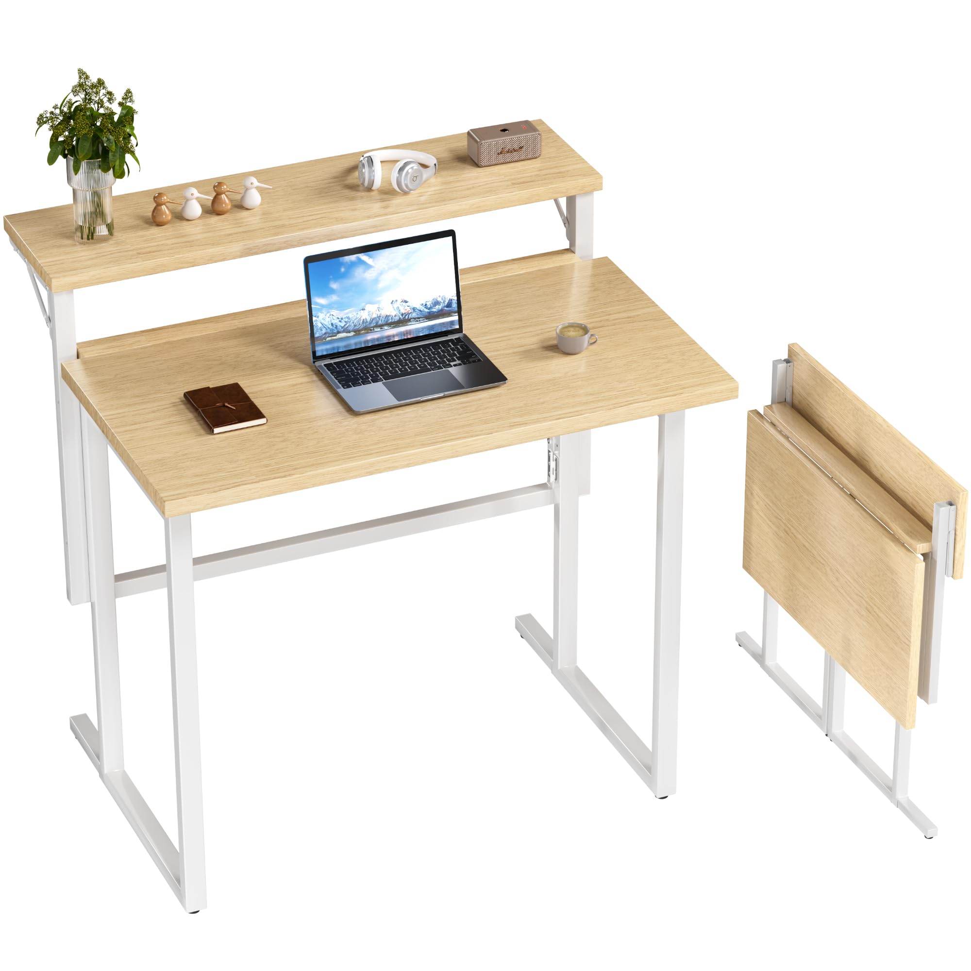 JUMMICO Bureau Pliable 80x62cm, avec Étagère Moniteur, Gain de Place, Beige | Idéal Petits Espaces, Structure Métal Stable, Montage Facile sans Outils, Parfait pour Étudiants & Télétravail