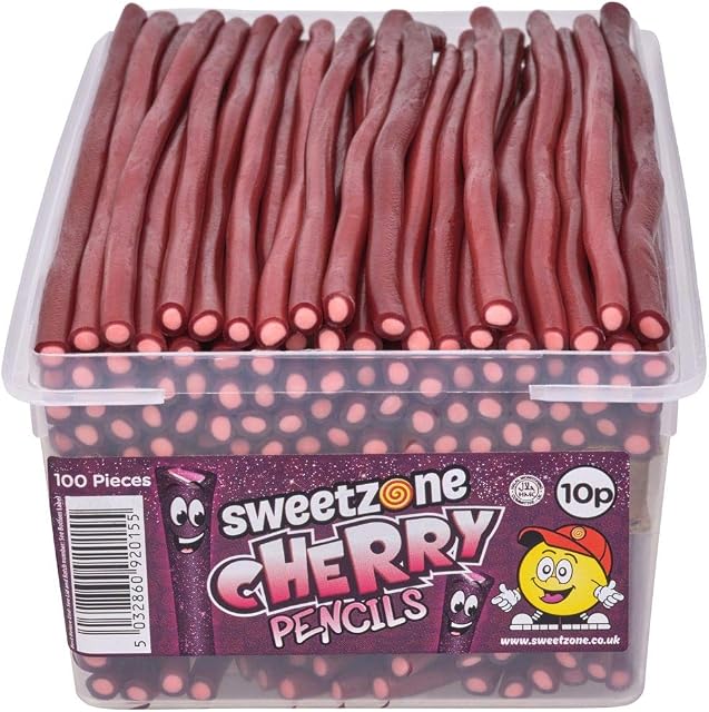 Sweetzone Sweets Tub of Cherry Pencils | 100 Pieces of Retro Sweets | Forever Fans Favourite | 100% Halal Friendly