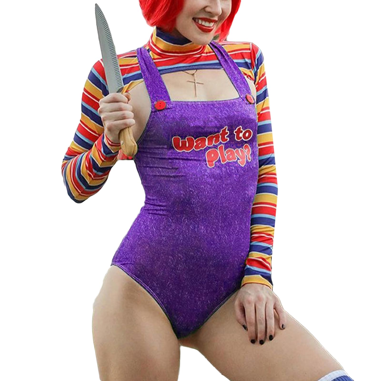 SANSIWU Women Killer Doll Costume,Nightmare Killer Doll Romper Costume Set 2pcs Letter Print Square Neck Short Playsuit One-Piece Romper (E-03, M)