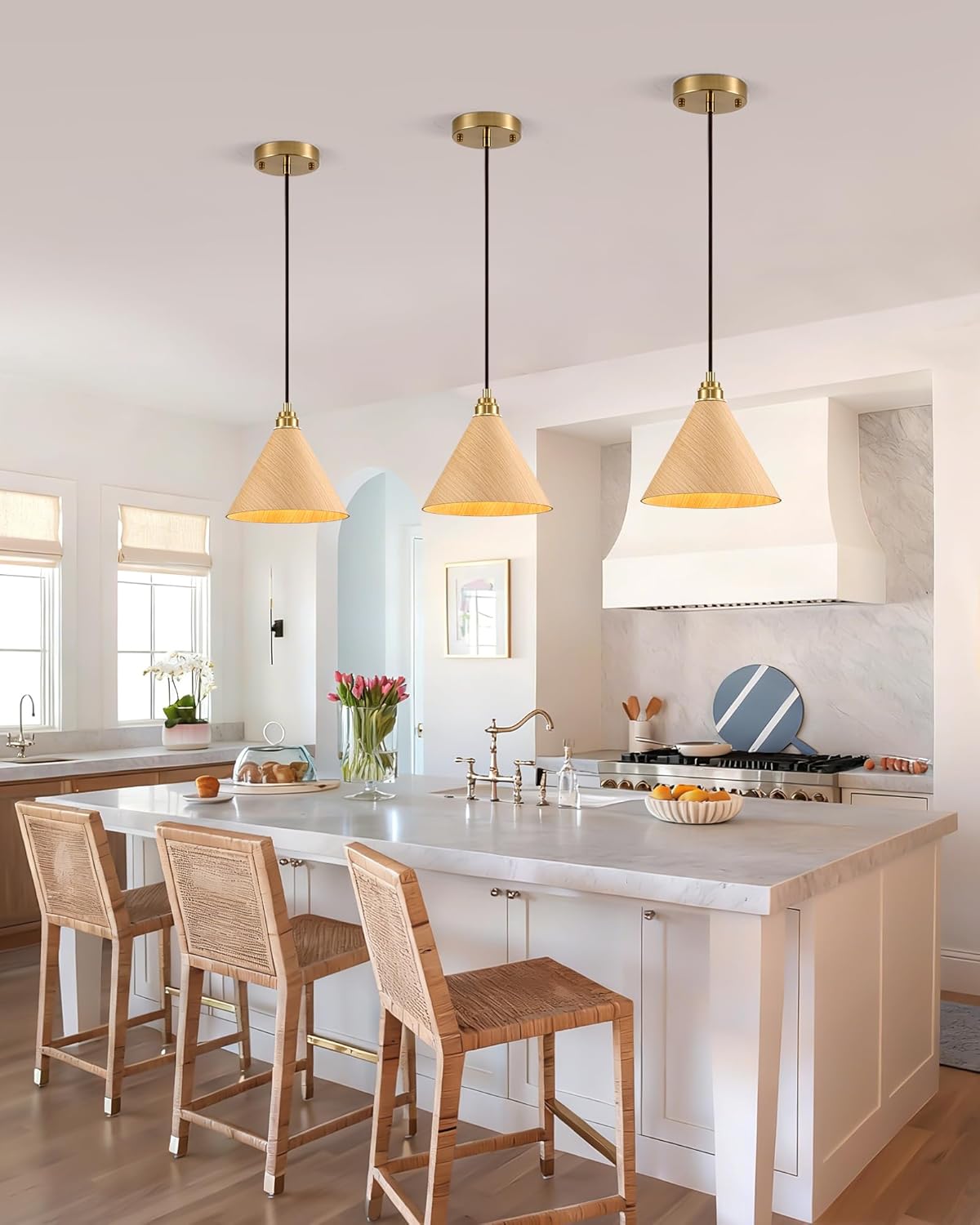 2 Pack Pendant Lights Kitchen Island, 8.3” Small Wood Pendant Light, Adjustable Height Hanging Light Fixtures, Kitchen Island Lights for Dining Room, Bedroom, Hallway, Bar (Natural Wood)