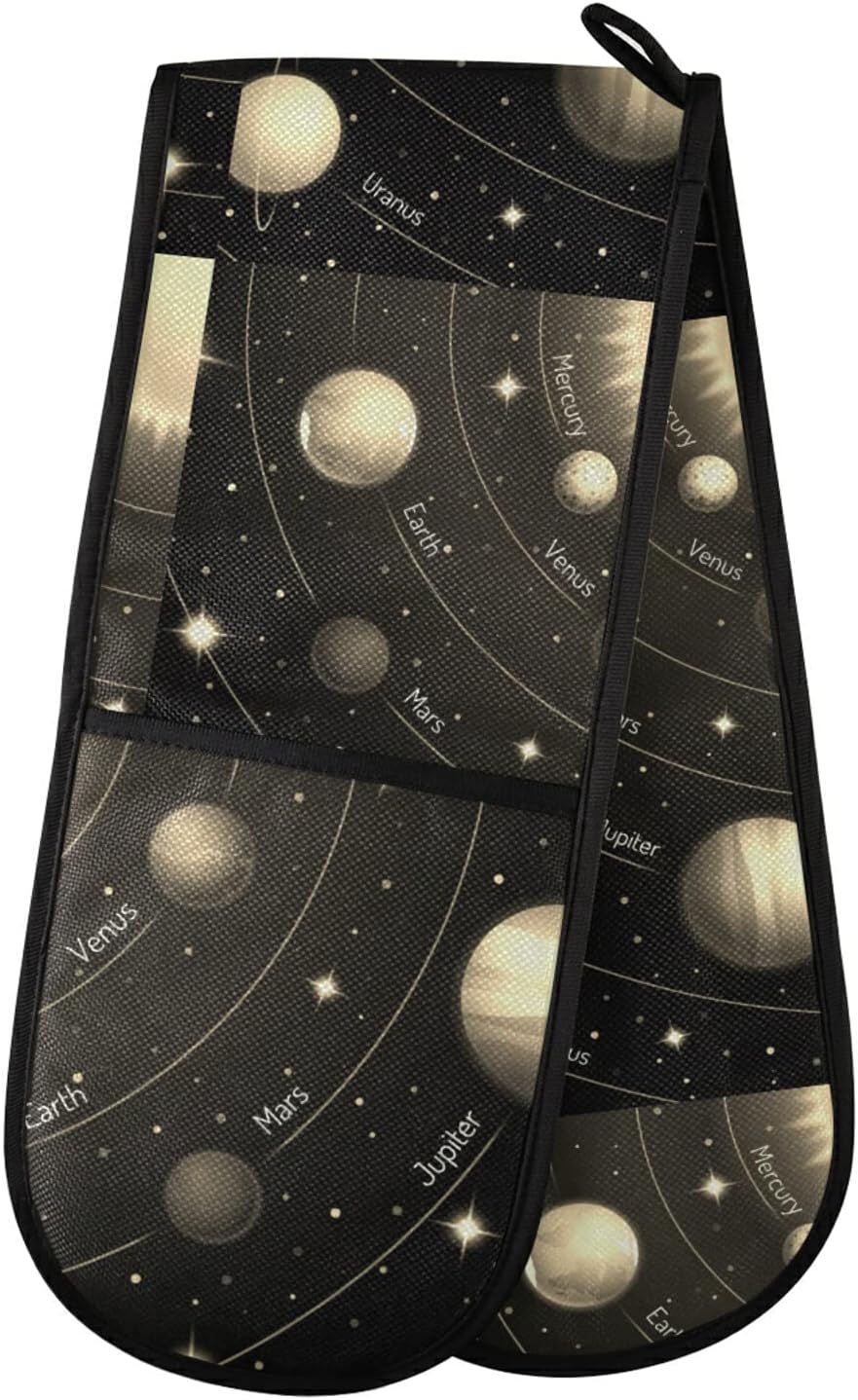 Solar System with The Sun Earth Mars Mercury Jupiter Saturn Uranus Double Oven Mitt Gloves Extra Long Potholder High Heat Resistant for Baking Cooking Baking Grilling Handling Hots Pans 35"x7"