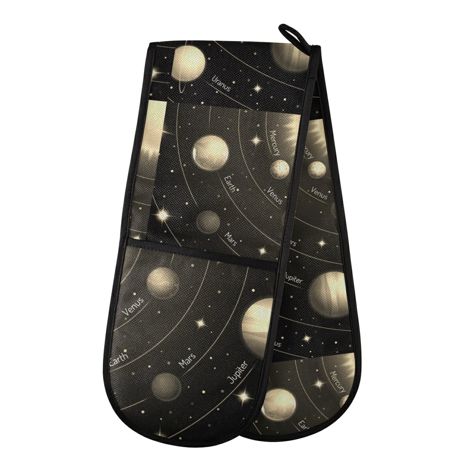 Solar System with The Sun Earth Mars Mercury Jupiter Saturn Uranus Double Oven Mitt Gloves Extra Long Potholder High Heat Resistant for Baking Cooking Baking Grilling Handling Hots Pans 35"x7"