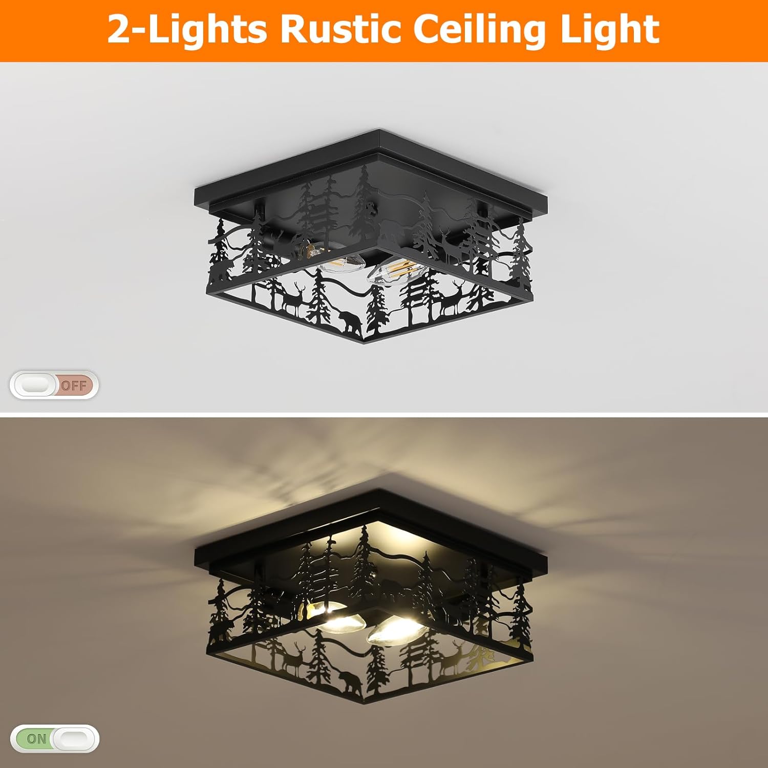 2 Pack Rustic Industrial Flush Mount Ceiling Light, 11" Black Metal Cabin Design E12 Square Ceiling Light Fixture, for Kitchen, Foyer, Bedroom Farmhouse Lighting (Bulbs Not Included)