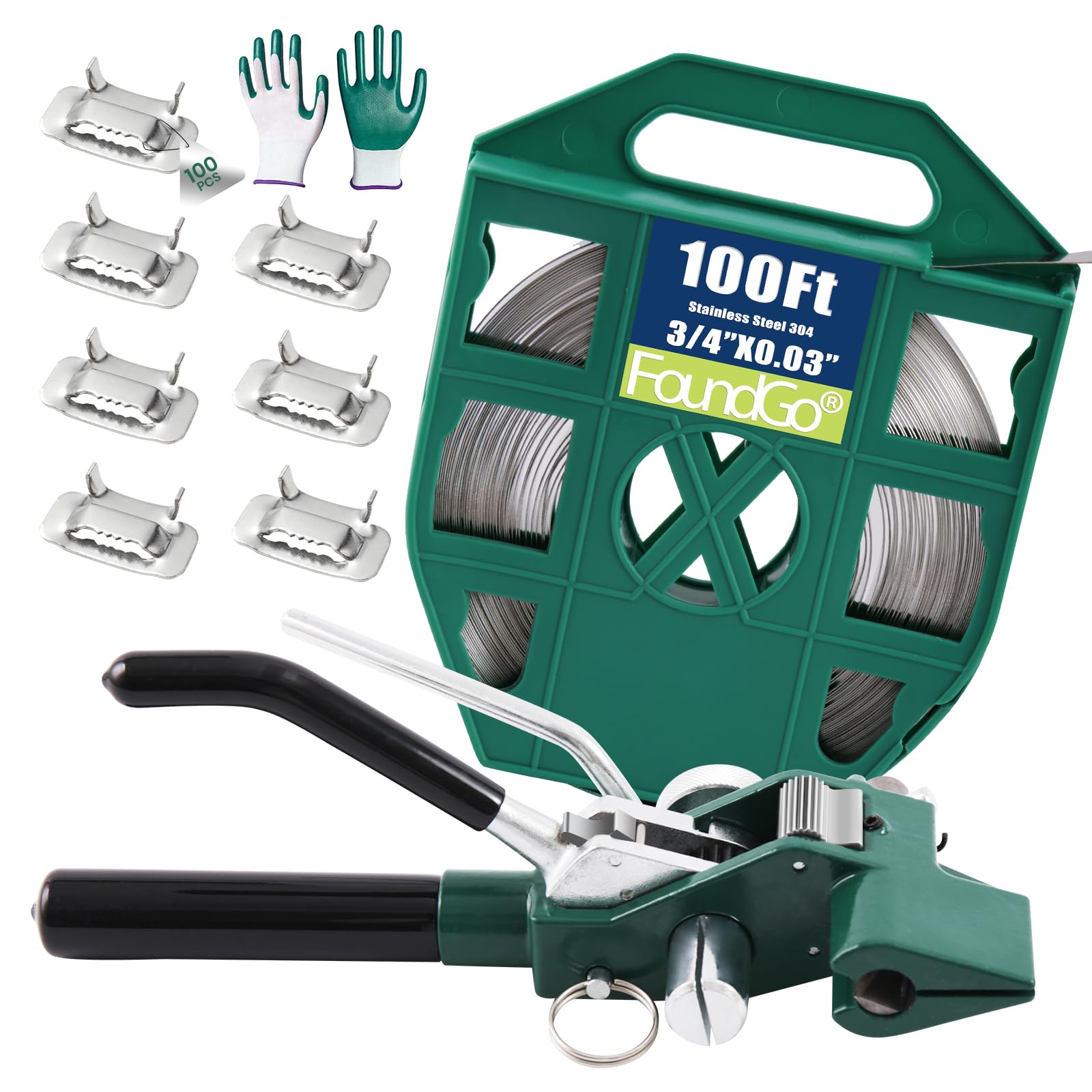 FoundGo Stainless Steel Strapping Banding Kit for High Tensile Heavy Duty Pallet Metal Packaging with Tensioner Tool,3/4in*100ft 304 Stainless Steel Banding,100 Metal Seals,Hammer,Gloves