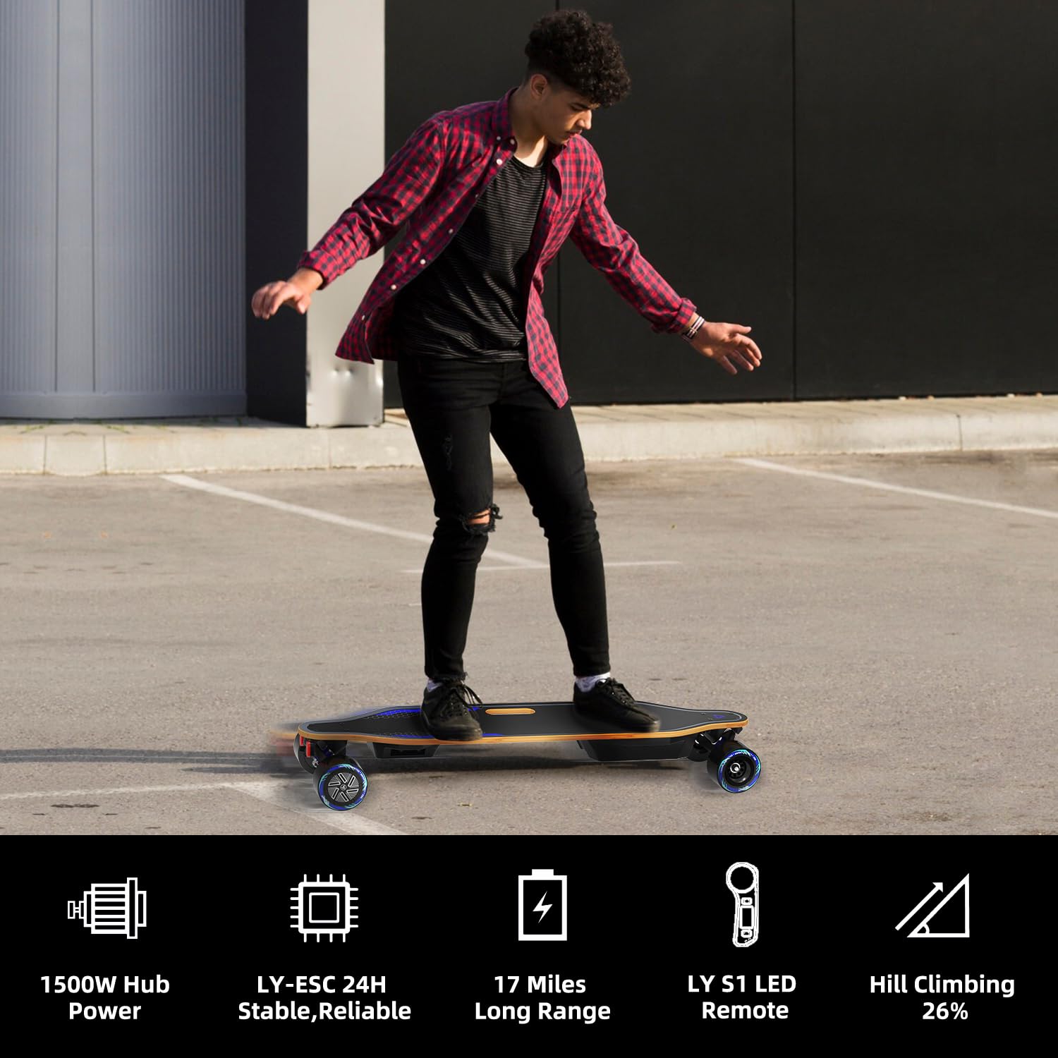 Skateboard électrique A1 avec télécommande, portée jusqu'à 24 kilomètres, érable canadien 8 plis, rupture lisse, convient pour les jeunes débutants