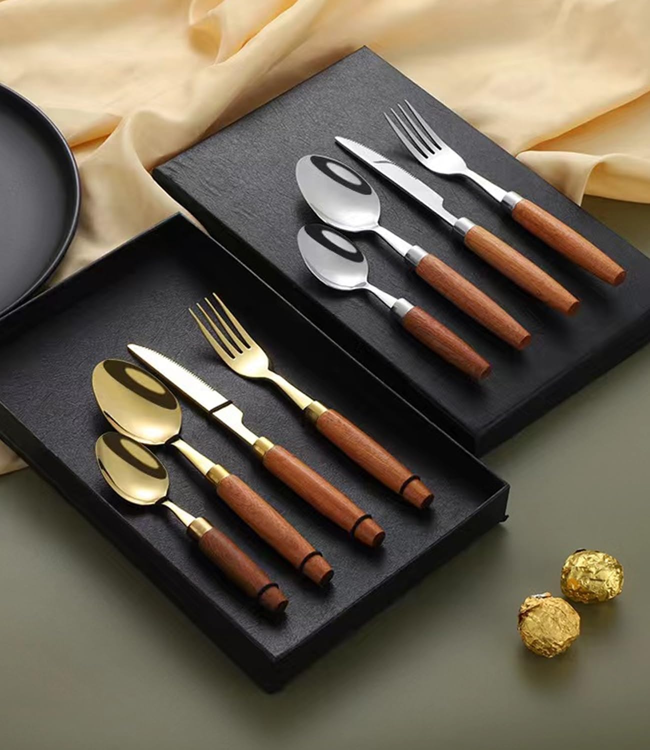 Custom Silverware Set, Personalized Engraved Text Stainless Steel Cutlery with Beech Wood Handle - Dinner Knife, Dinner Fork,Dinner Spoon, Dessert Spoon Set of 4 for Home and Restaurant, Flatware Set