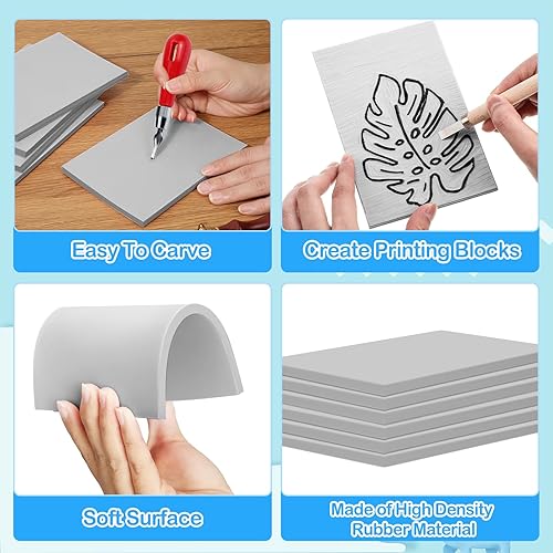 Miniatura 3 de Frienda 40 bloques de tallado de goma rosa de 4 x 6 x 0.25 pulgadas, bloque de linóleo suave, ladrillo tallado de goma para sellos, manualidades de