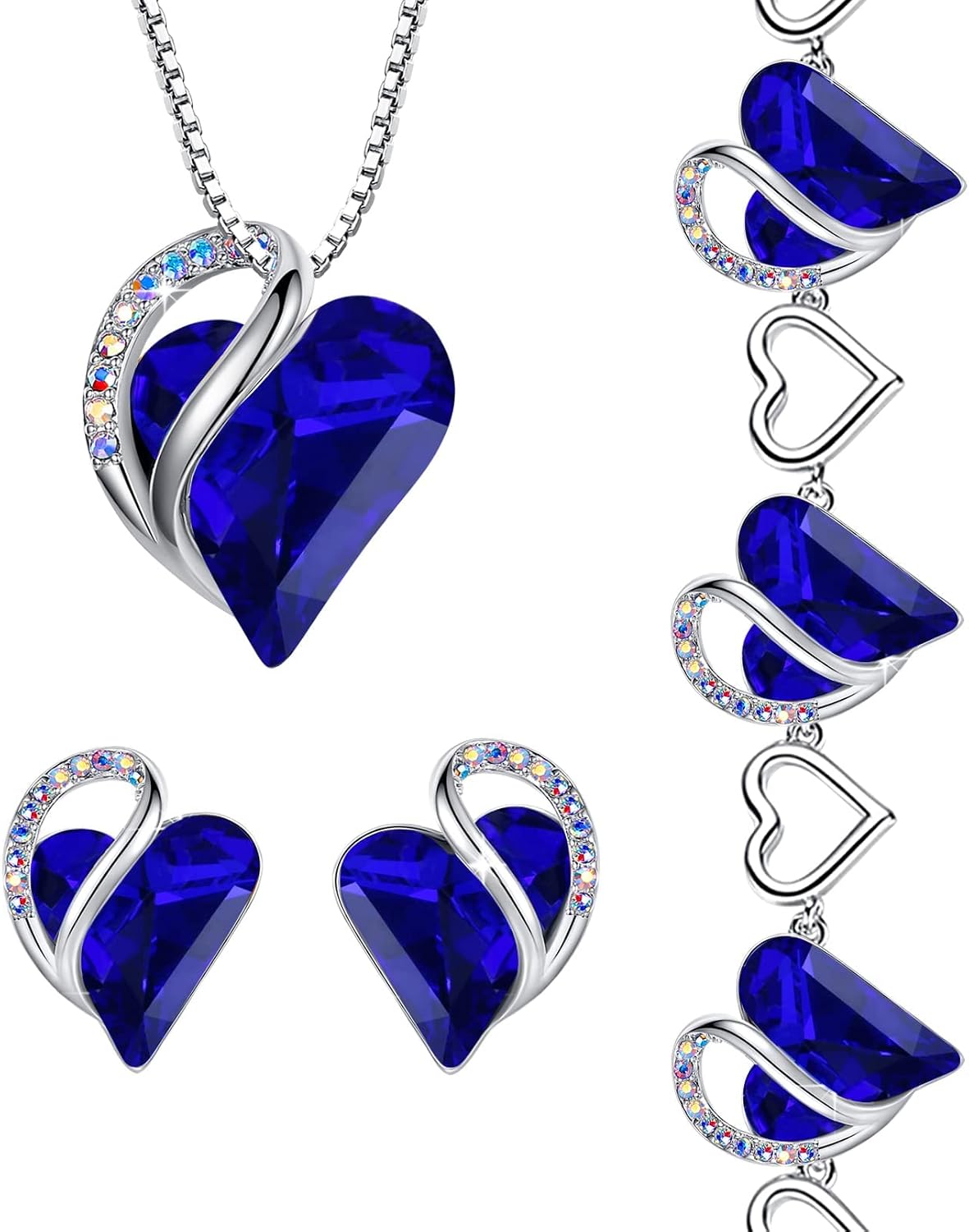 Leafael Infinity Love Heart Necklace, Stud Earrings, and Bracelet for Women, September Birthstone Crystal Jewelry, Silver Tone Gifts for Women, Sapphire Blue