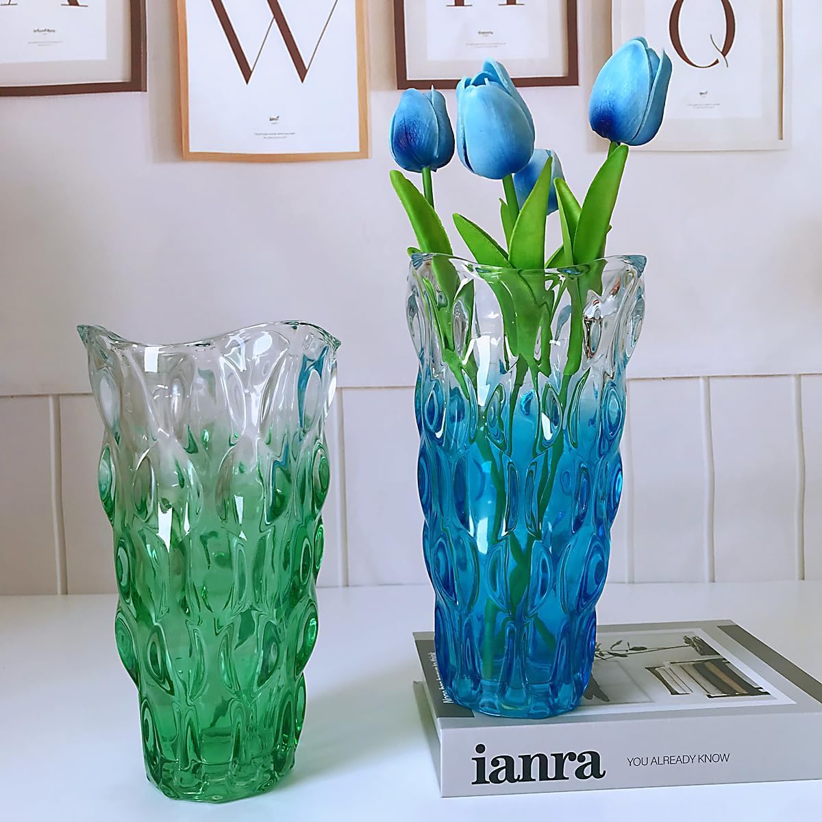 Unbreakable Flower Glass Vase 3.5lb 9.5inch Sparkle vase Bohemian Style, for Centerpieces,Kitchen,Office, Living Room,Wedding,Perfect Home Decor Glass Vase (Gradient Sky Blue) image 4