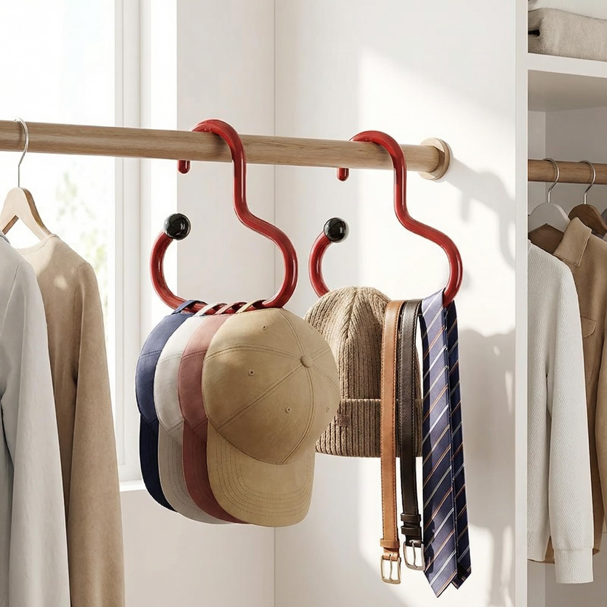 2PACK Hat Organizer for Baseball Caps, Baseball Hanger Holder for Closet, Ball Cap Hat Racks Storage Organizer for Caps Beanie Belt Tie Purse RED