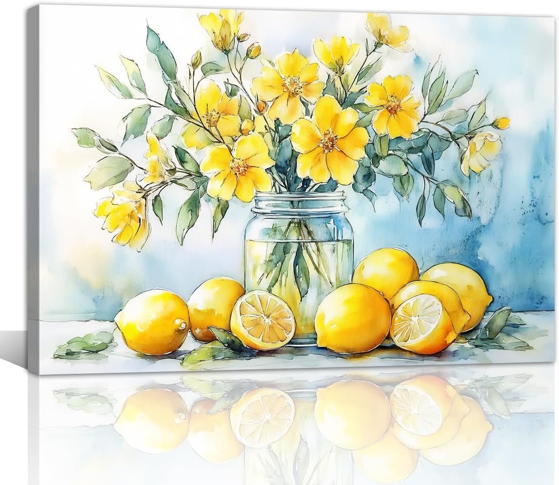 Yellow Flower Wall Art Kitchen Lemon Fruit Painting Prints Rustic Farmhouse Pictures Wall Decor Watercolor Artwork for Dining Room Bathroom Decor Framed(Lemon-2,16L x 24W)