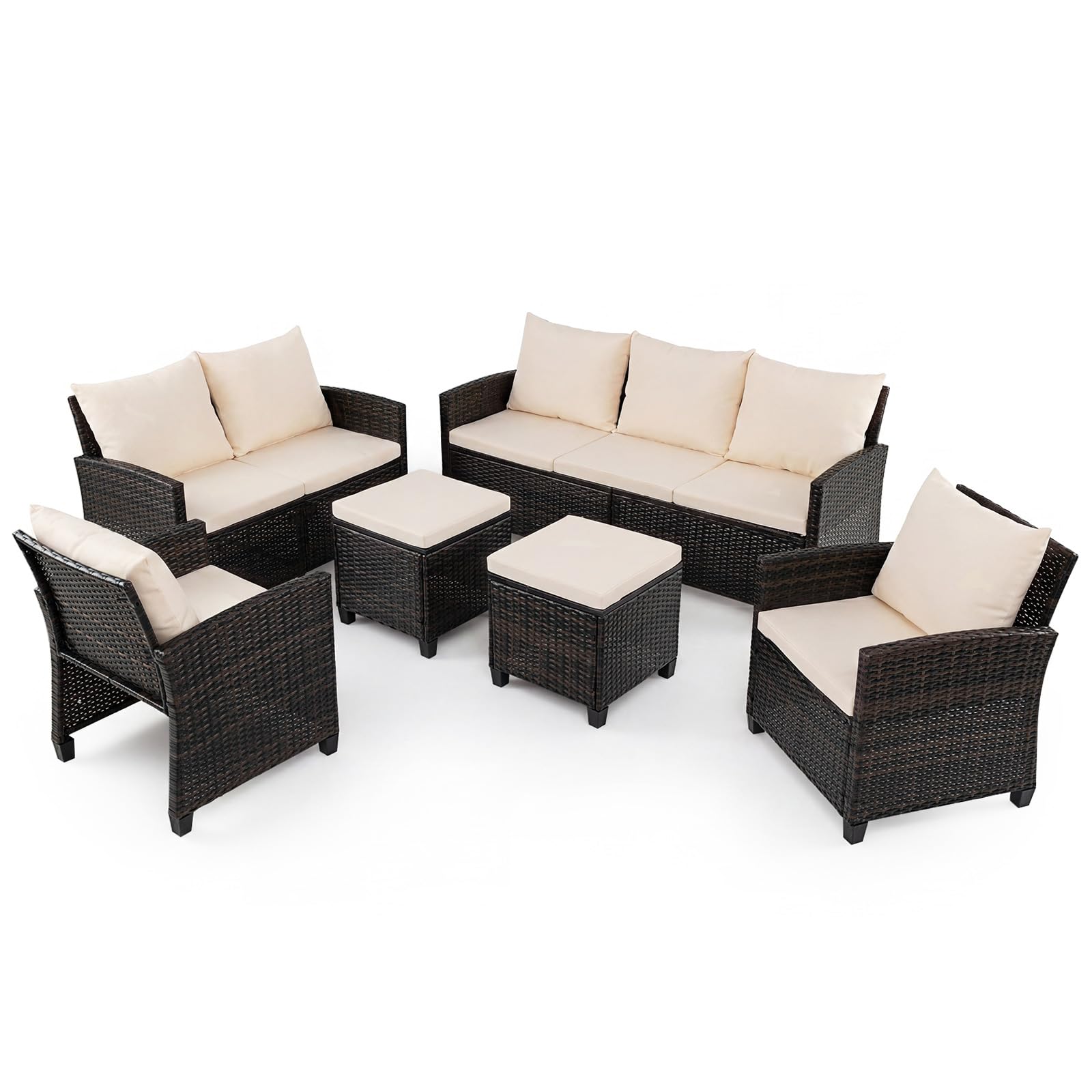 COSTWAY Set Salotto da Giardino per 7 Persone, Set da Esterno in Rattan con Divano a 3 Posti, Divano a 2 Posti, 2 Poltrone e 2 Poggiapiedi con Cuscini Morbidi per Terrazza e Balcone (Beige)