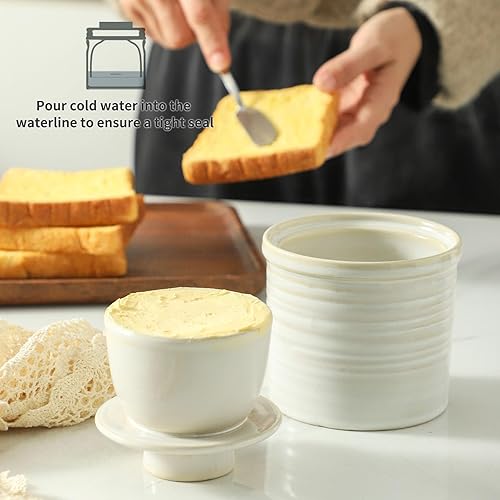 Vista 11 de Hasense Mantequilla de cerámica con tapa, plato de mantequilla para encimera con línea de agua, recipiente para mantequilla francesa para Azul
