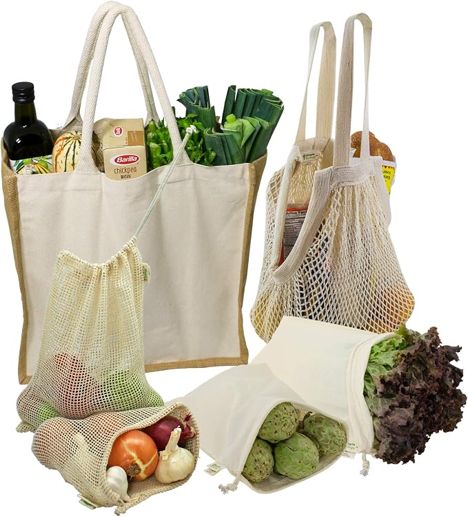 Reusable Farmers Market Shopping 6 Bag Gift or Starter Set, Durable, Organic Cotton and Jute, Natural with Brown