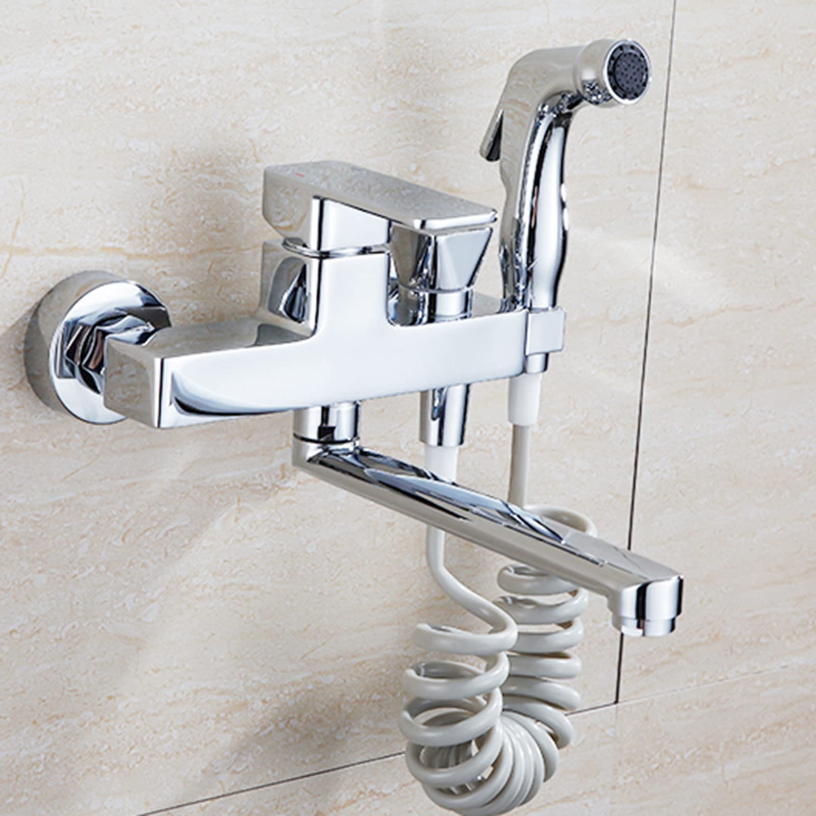 Robinetterie de cuisine murale en laiton chromé double trou avec pistolet