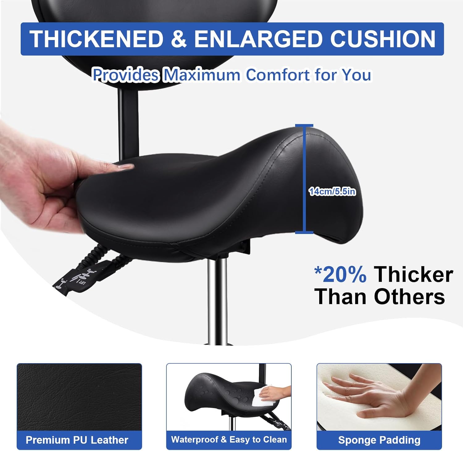 Upgrade Saddle Stool with Back Support, 400lbs Adjustable Salon with Wheels, Wide Thick Seat Padding, Ergonomic Esthetician Seat for Home Office Salon Shop Dentist Clinic, for People 5 Ft To6 Ft Tall