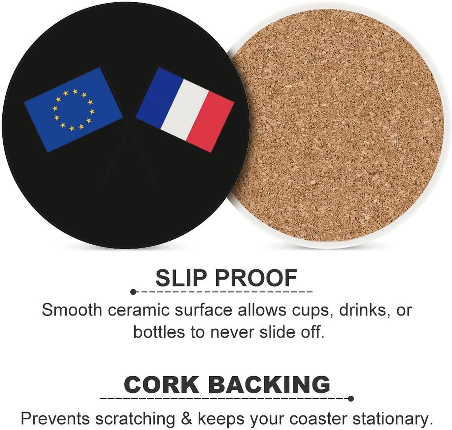 France Europe EU Flag Round Ceramic Coasters for Drinks Absorbent Cup Holder Tabletop Protector with Cork Base
