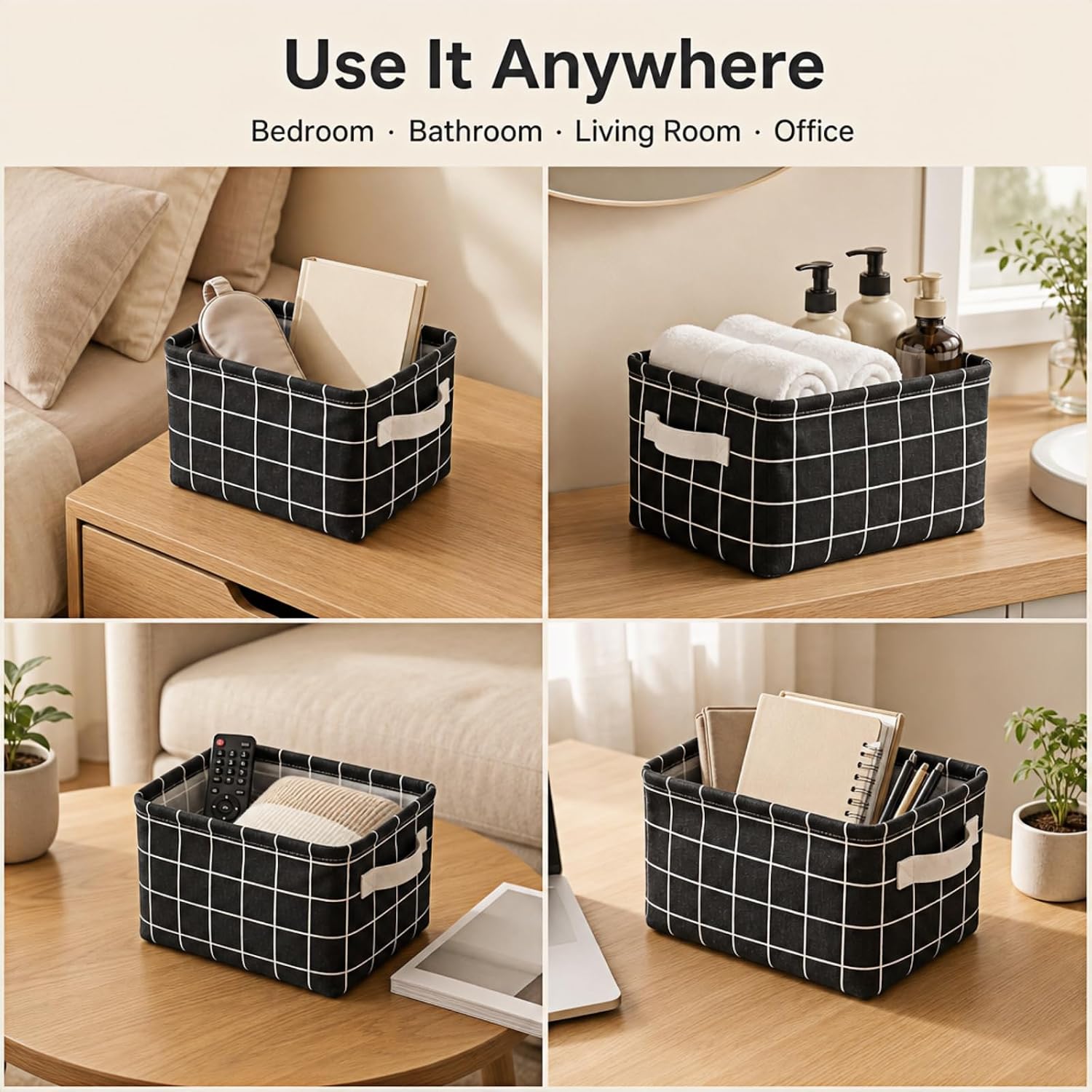 Storage Basket,Cotton Linen Organizer Bin, 7.87x6.3x5.51"(Black Square Print) with Laminated Coating,Nordic Style Decorative Storage for Closet Bedroom, Durable Home Organizer