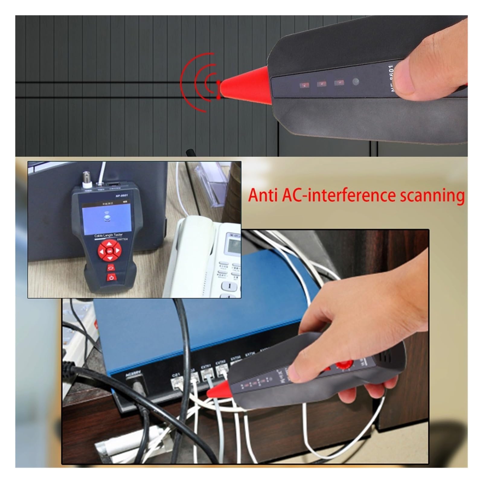 Probador De Red Multiusos con Función De NF-8601W, Probador OE/Ping, Mide La Longitud del Cable con Rastreador De Línea Remot De 8 Uds. Ligero Y PortáTil