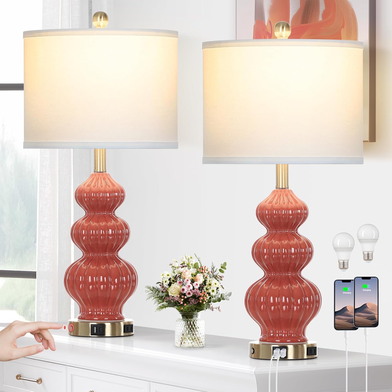 Triple Gourd Ceramic Table Lamps Set of 2, Modern Barbados Ubuy