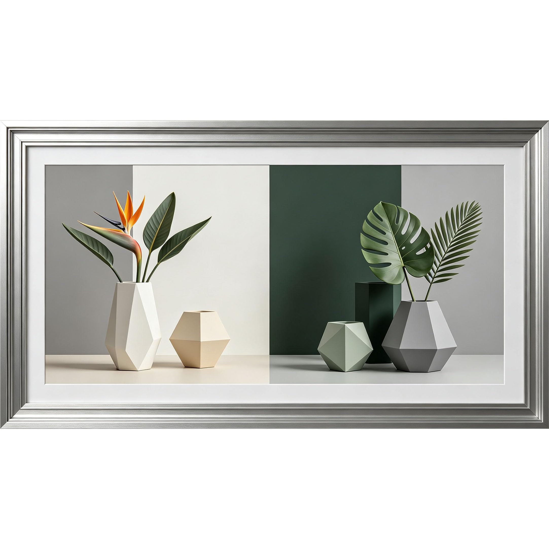 QZLITHOTIC 50x90cm3D Framed Wall Art， Geometric Botanical Vase Arrangement Self‑Adhesive Mural， Water‑Activated Peel & Stick Fabric Decor Wall Decal for Bedroom Living Room