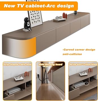 Lowboard Hanging Floating TV Stand Wall Mounted TV Shelves TV Media Console with Folding Doors Drawer & LED Lighting (Khaki 180 cm)