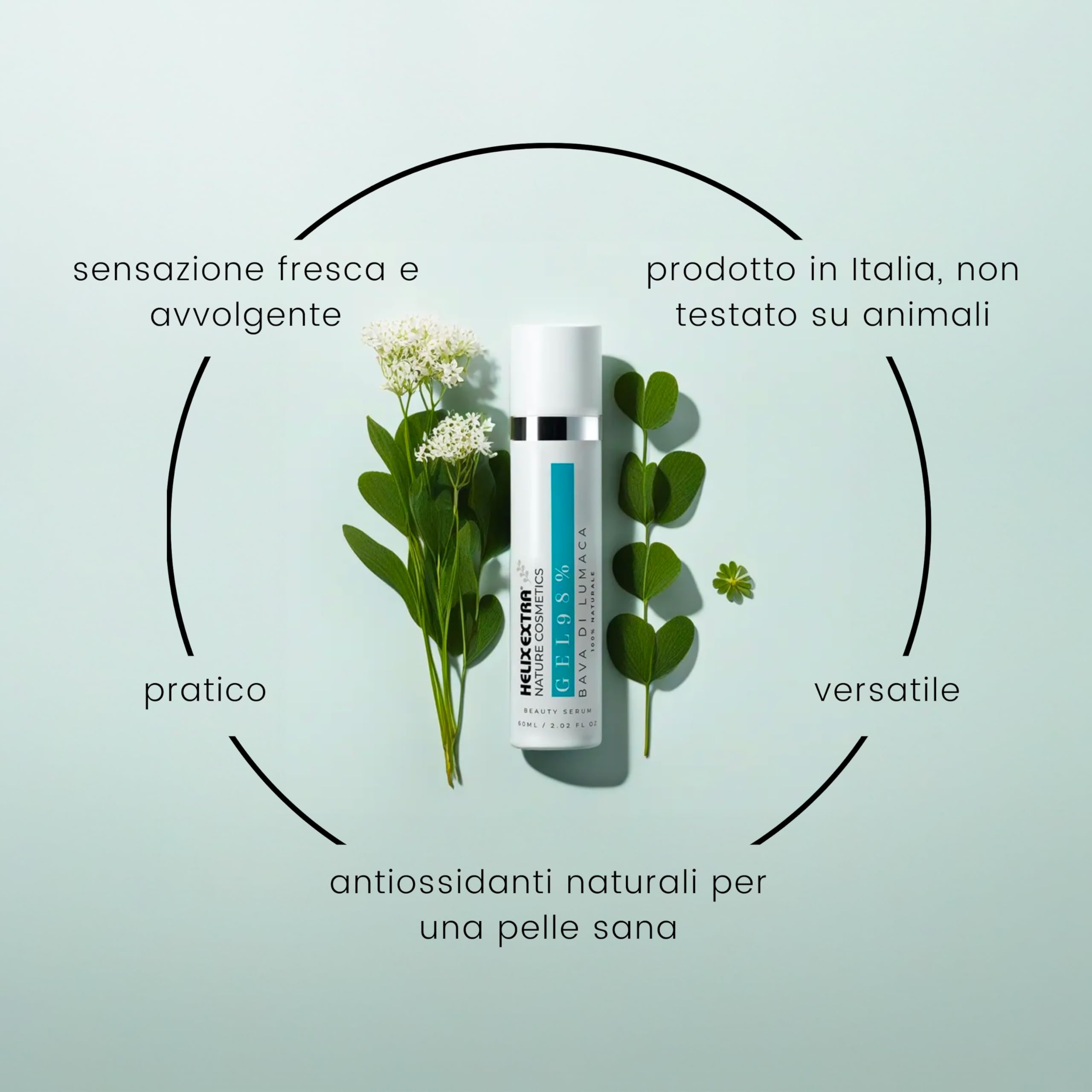 Helix Extra Gel - Siero Viso Bava di Lumaca 98% – Antirughe Antimacchie con Collagene Vitamina C e E – Idratante per Viso Collo Decolletè – Made in Italy 60ml